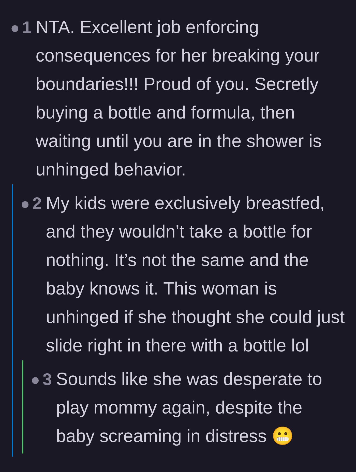 Comment thread 3 - Highlighting the premeditated and calculated nature of hiding formula to use while the mother showered.