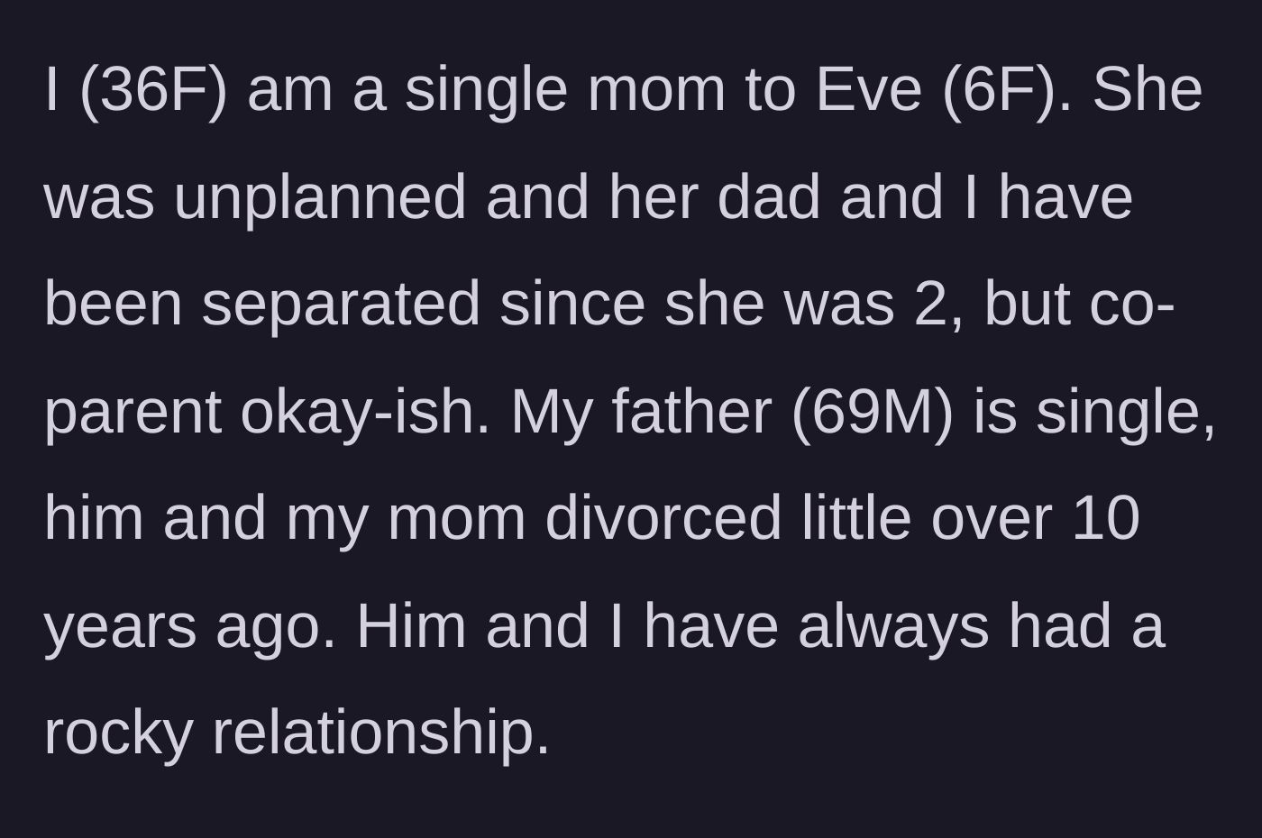 Story part 1 - Introduction of the 36-year-old single mother, her six-year-old daughter, and her historically strained relationship with her divorced father.