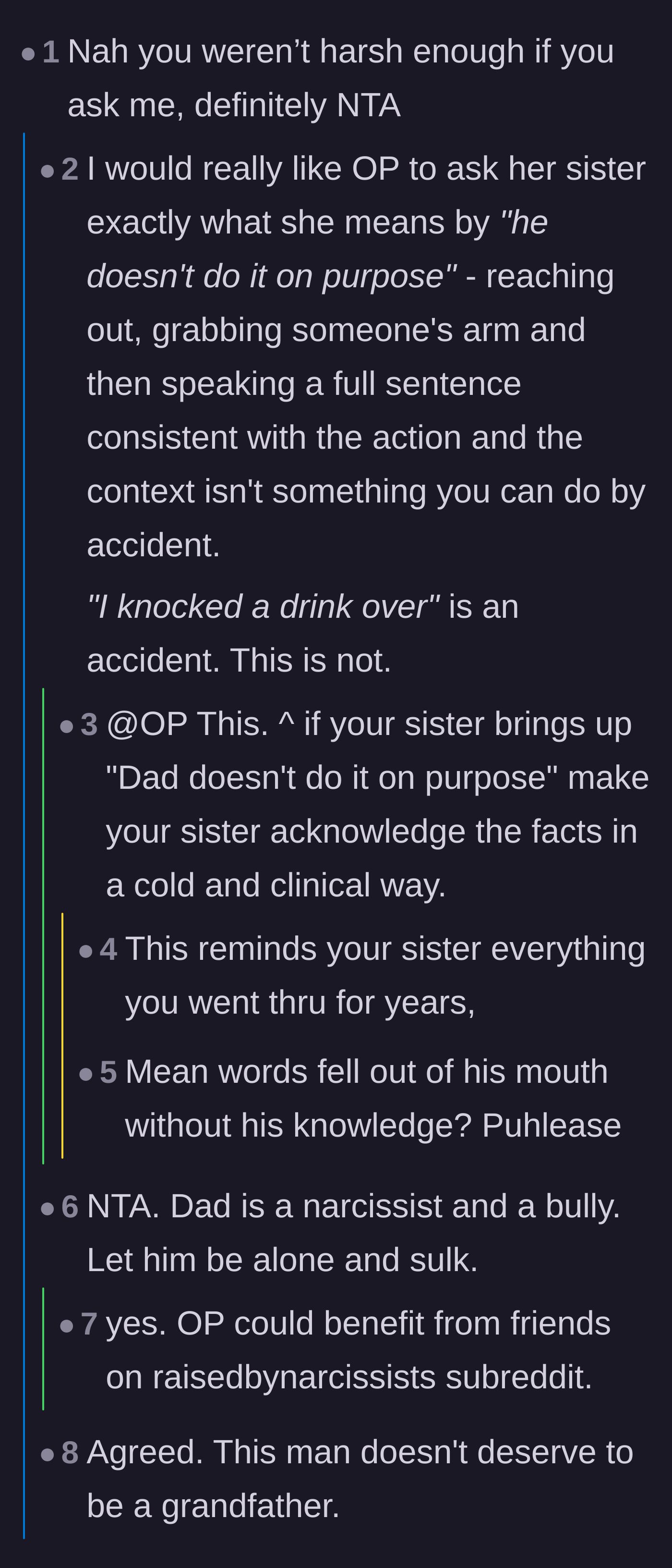 Comment thread 1 - Breaking down the physical impossibility of the grandfather's insult being an accident.
