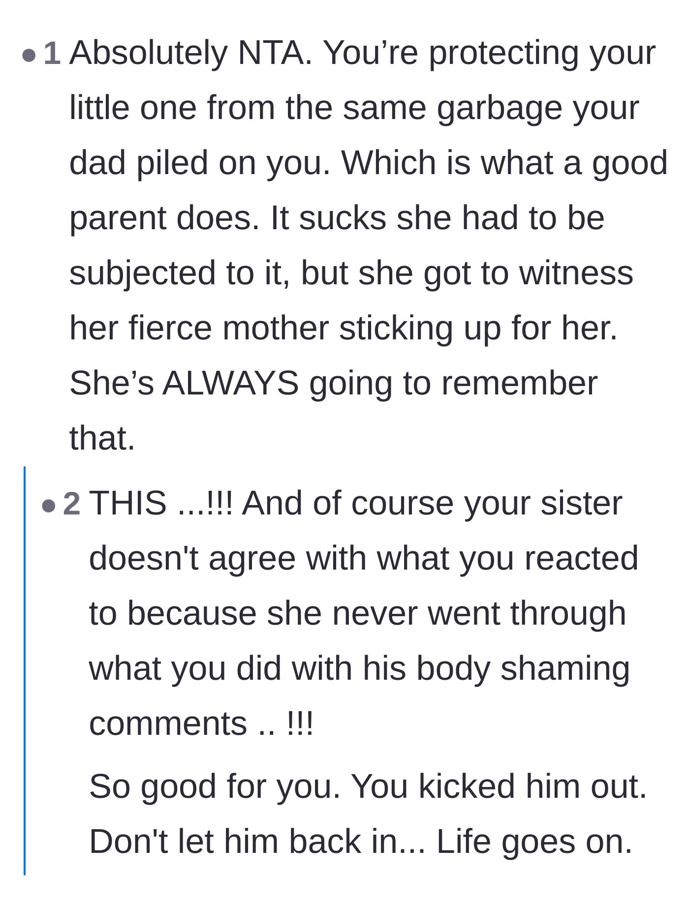 Comment thread 3 - Praising the mother for modeling strong boundaries for her daughter and calling out the sister's blind spot.