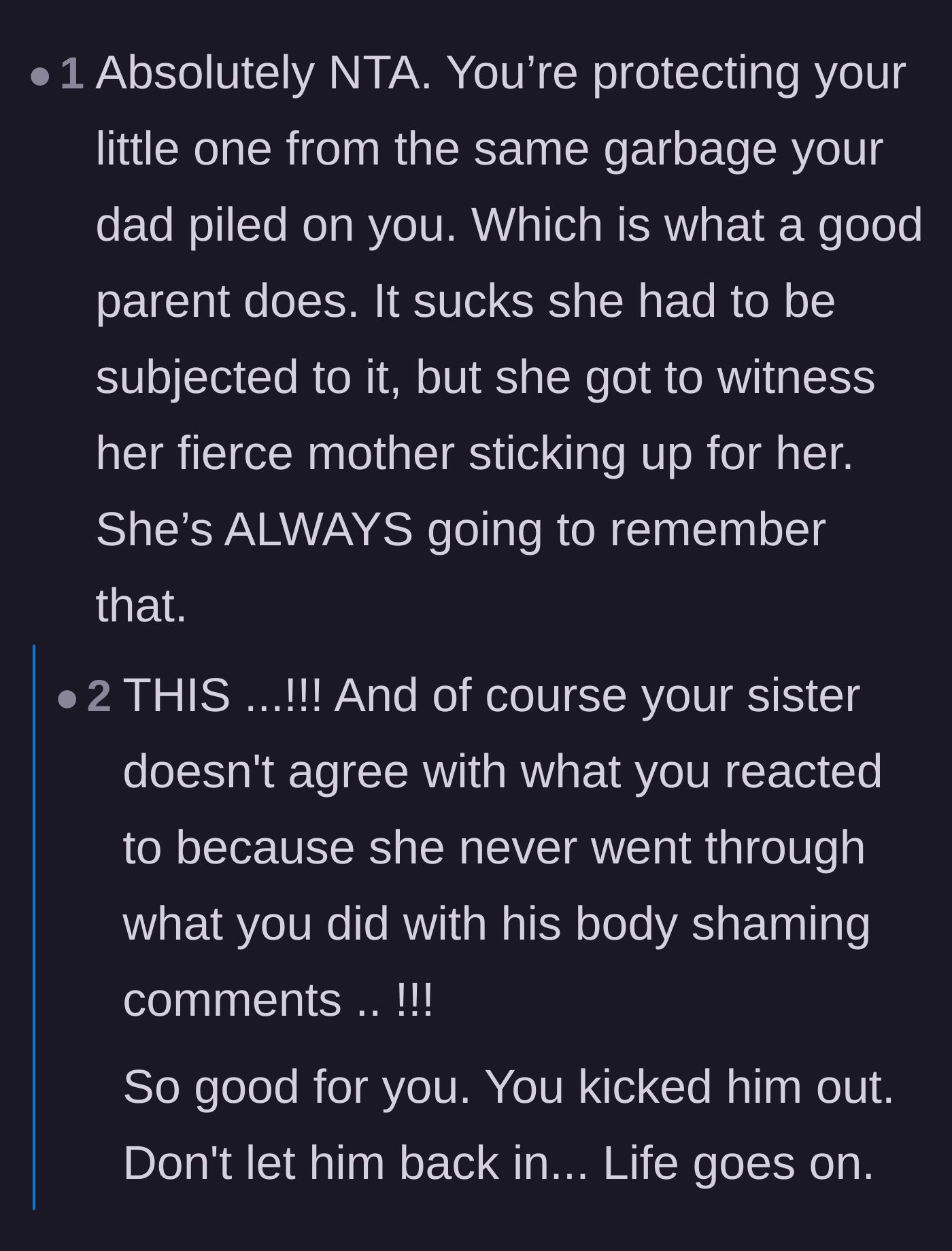 Comment thread 3 - Praising the mother for modeling strong boundaries for her daughter and calling out the sister's blind spot.