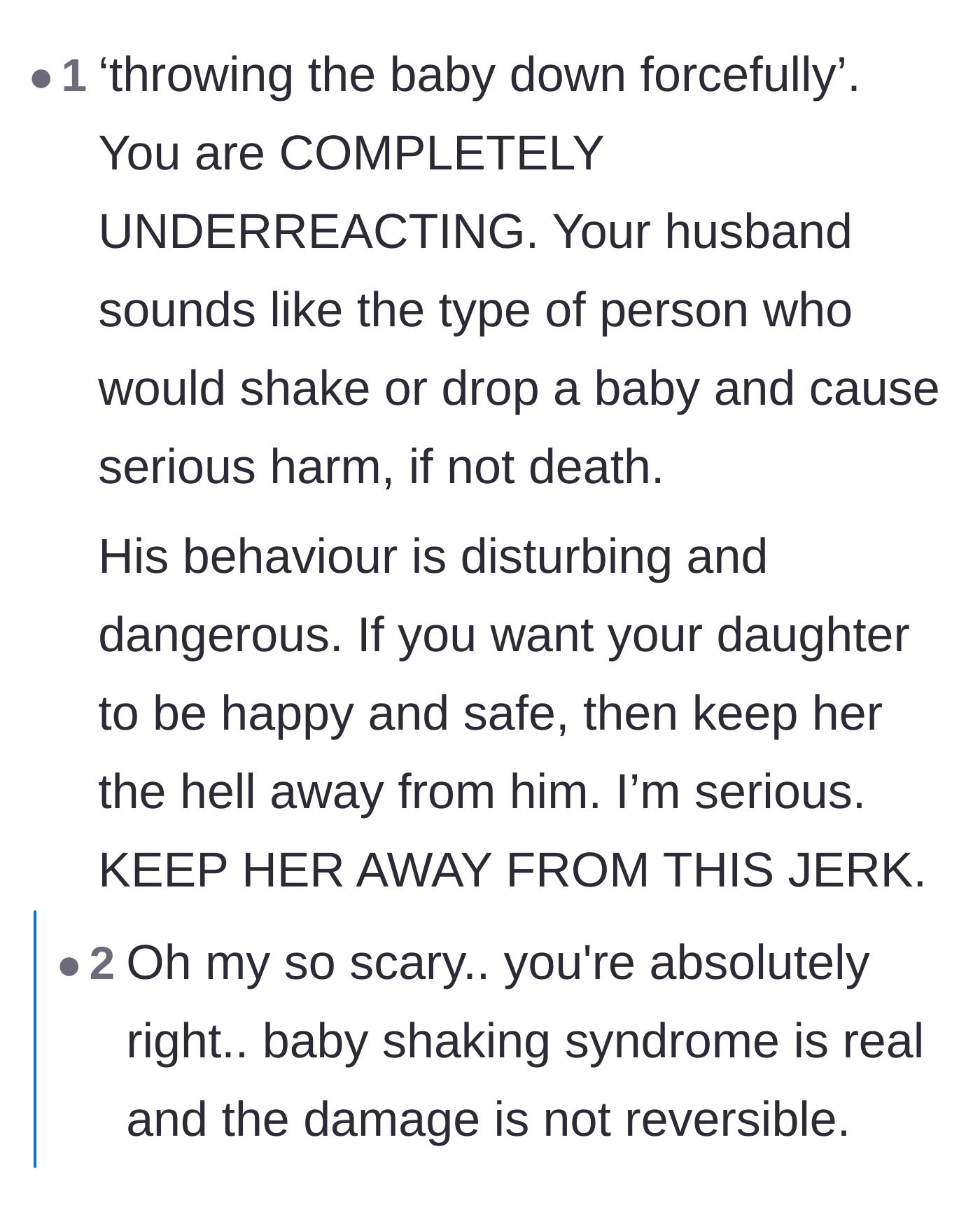 Comment thread 1 - A severe discussion about the physical dangers of shaken baby syndrome and the father's alarming escalation.