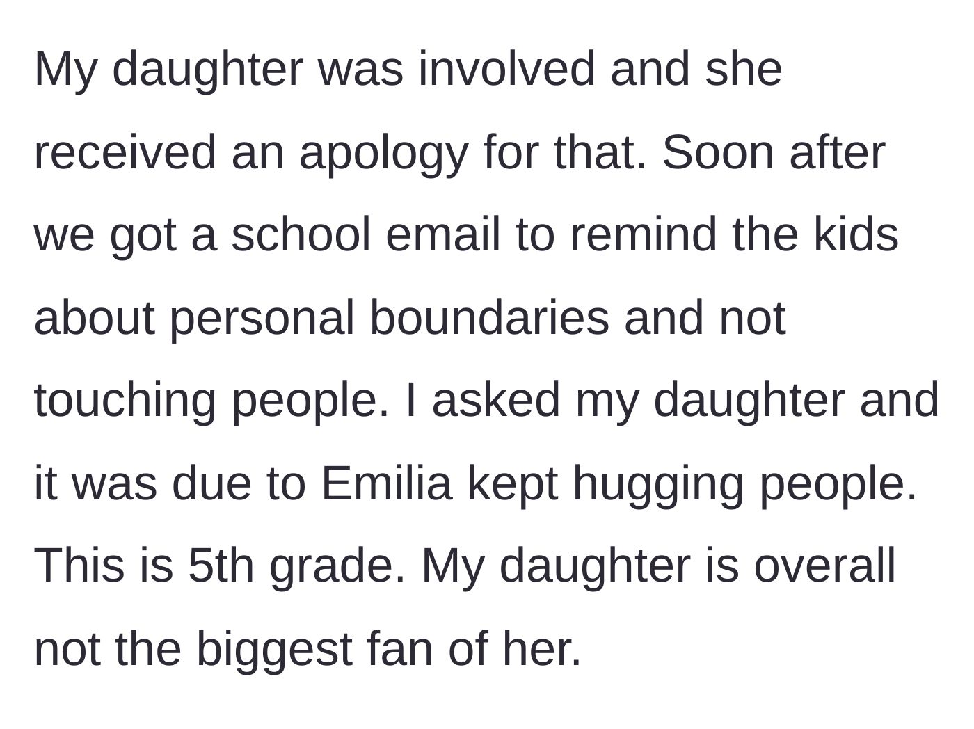 Story part 2 - The school issues a reminder about personal space after the new student repeatedly hugs classmates without consent.