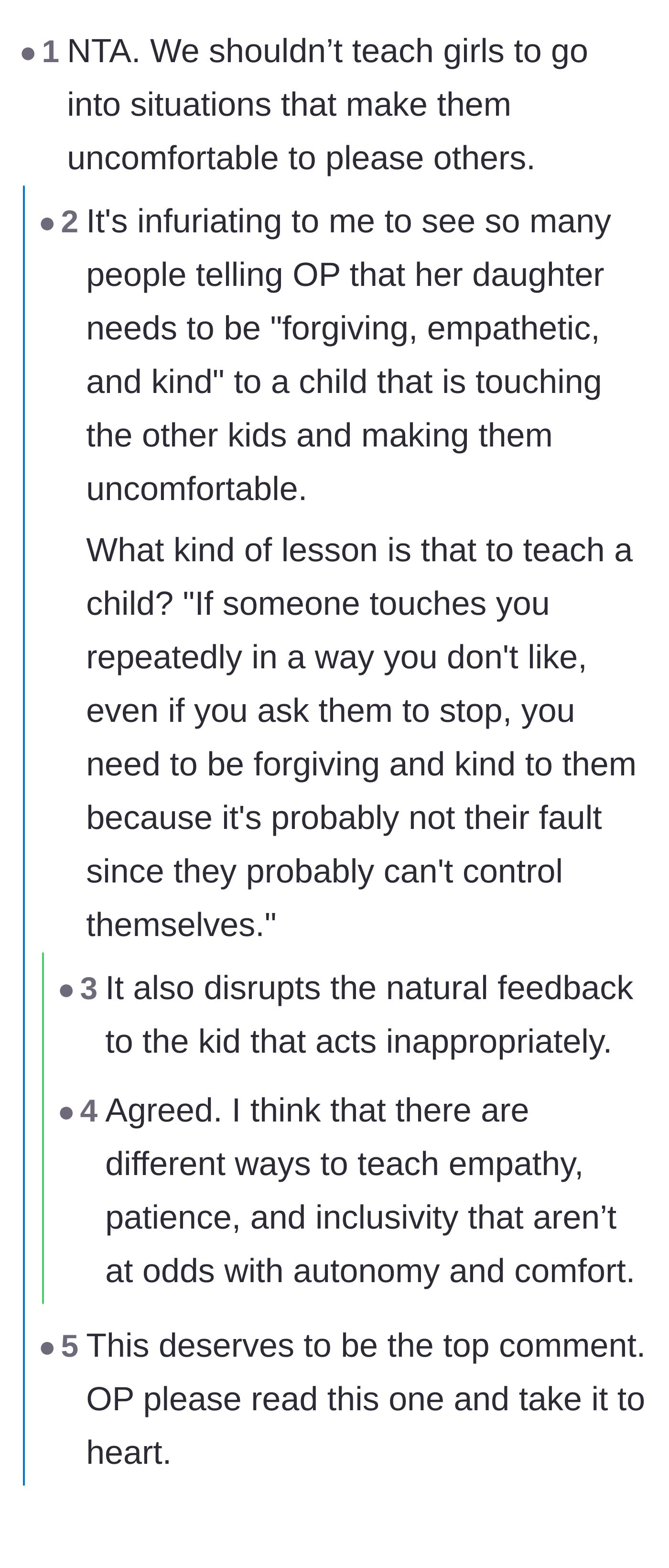 Comment thread 1 - A discussion about the danger of teaching young girls to ignore their own discomfort and bodily boundaries to be polite to others.
