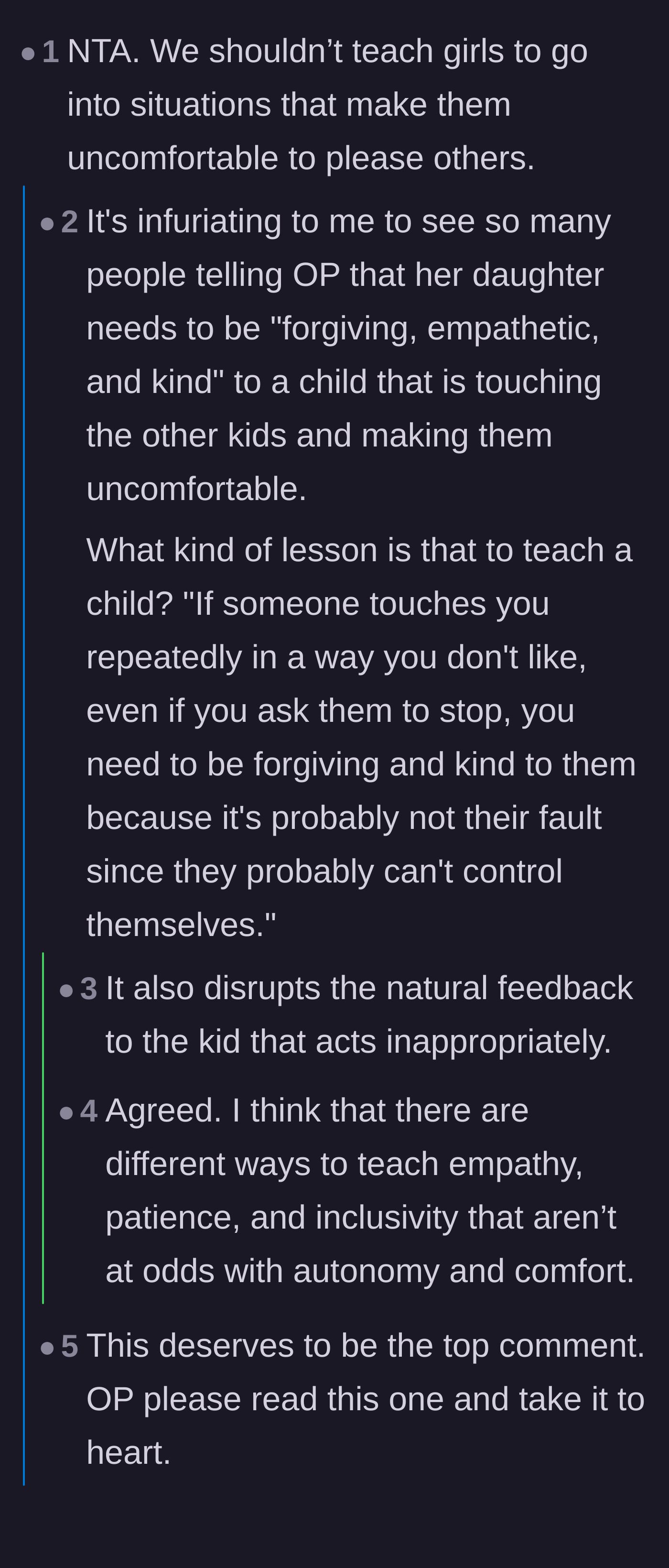 Comment thread 1 - A discussion about the danger of teaching young girls to ignore their own discomfort and bodily boundaries to be polite to others.