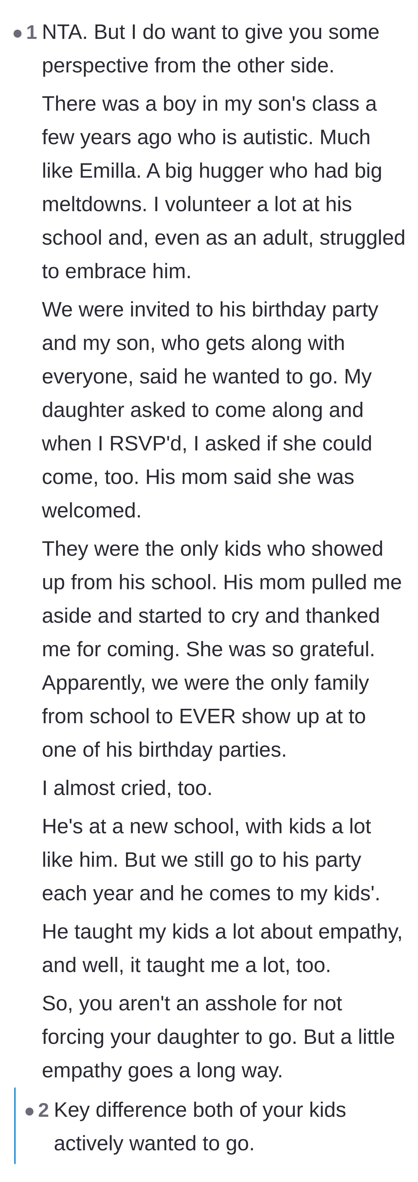Comment thread 2 - A mother shares a heartwarming story about her children willingly attending an autistic classmate's party, bringing the boy's mother to tears.