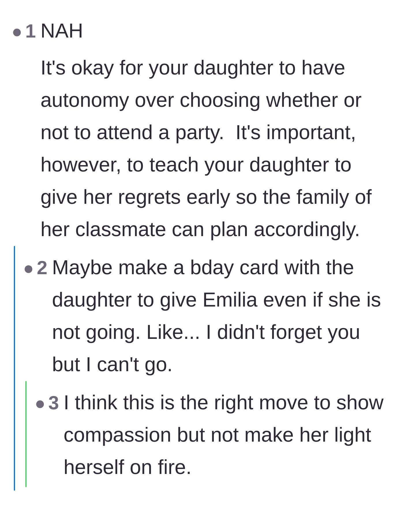 Comment thread 4 - A suggestion to have the daughter make a card to send early regrets, showing compassion without forcing attendance.