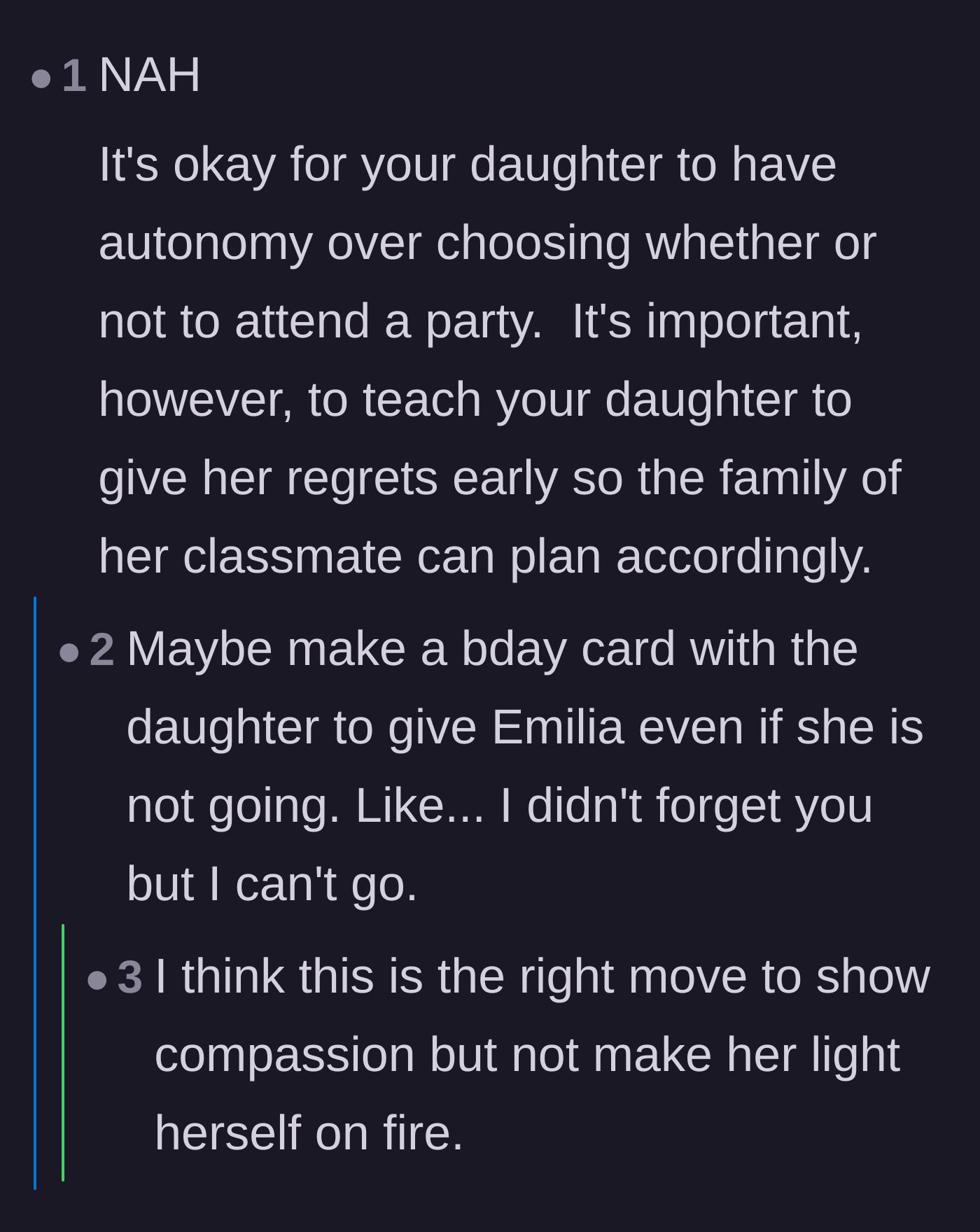 Comment thread 4 - A suggestion to have the daughter make a card to send early regrets, showing compassion without forcing attendance.