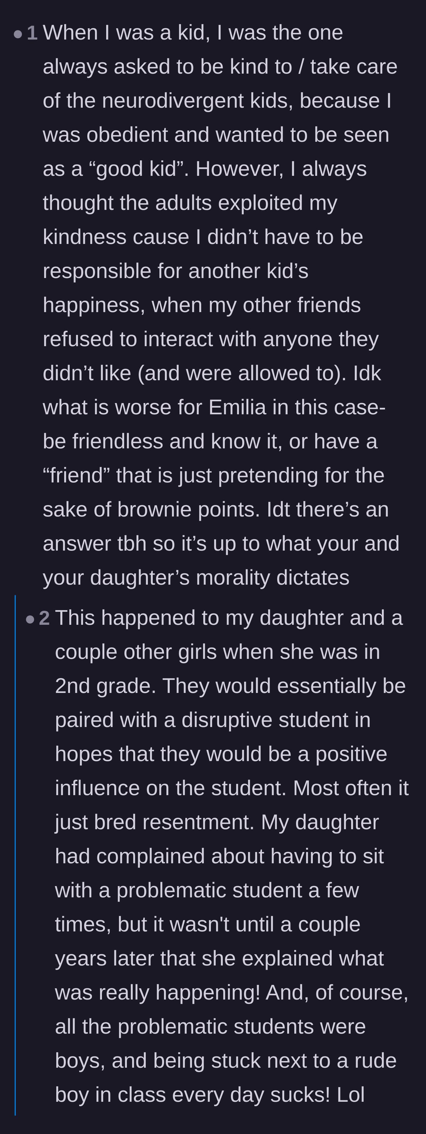 Comment thread 5 - Former 'good students' and a teacher express frustration over the systemic practice of pairing well-behaved kids with disruptive or socially difficult peers.