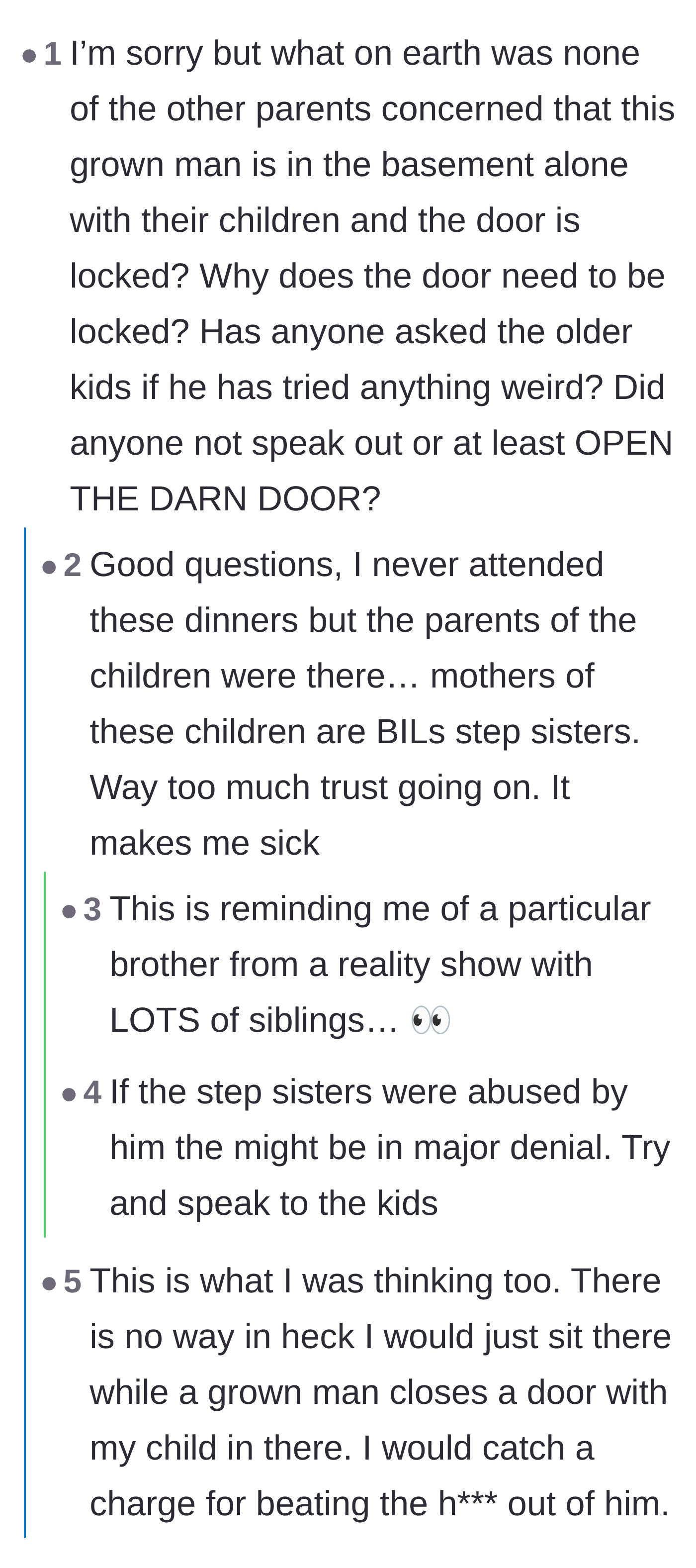Comment thread 2 - A debate questioning how the other parents could possibly allow the brother-in-law to lock himself in a basement with their children.