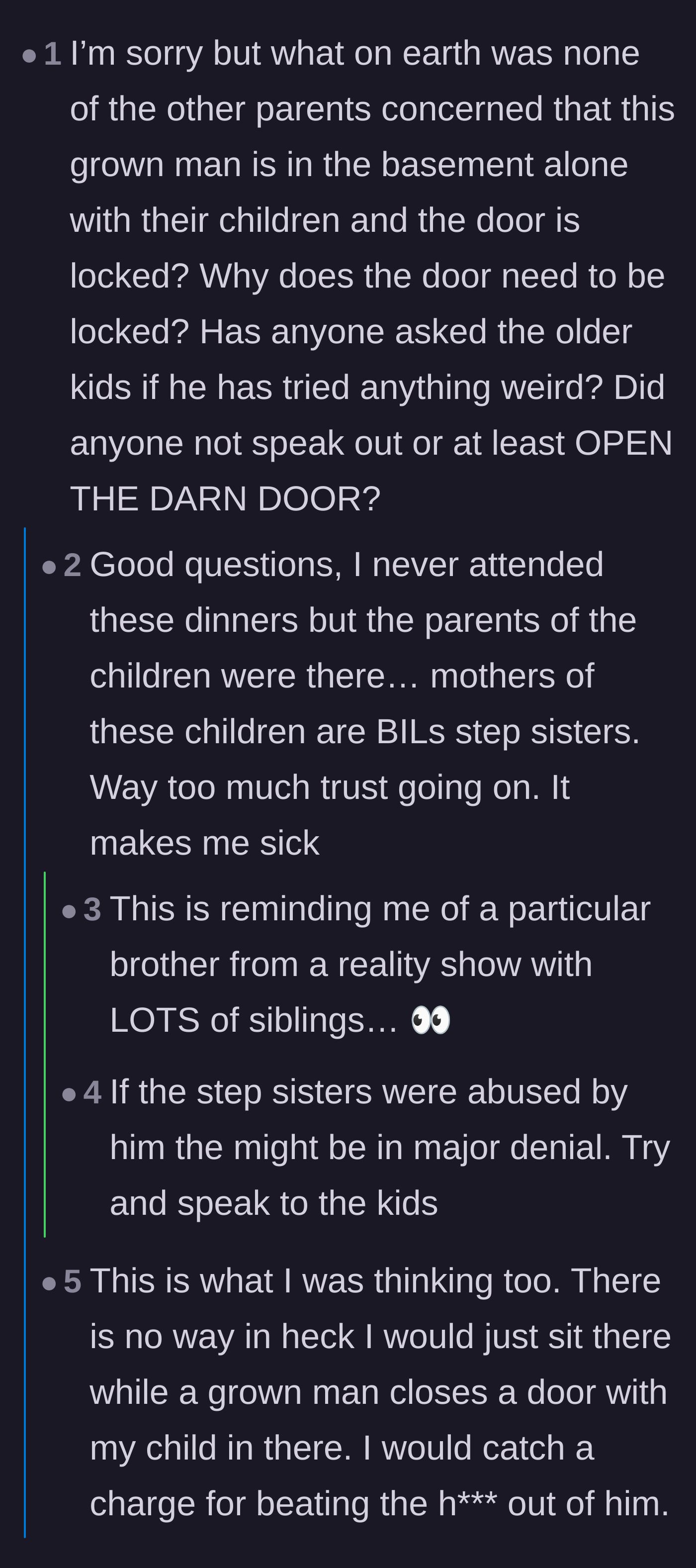 Comment thread 2 - A debate questioning how the other parents could possibly allow the brother-in-law to lock himself in a basement with their children.