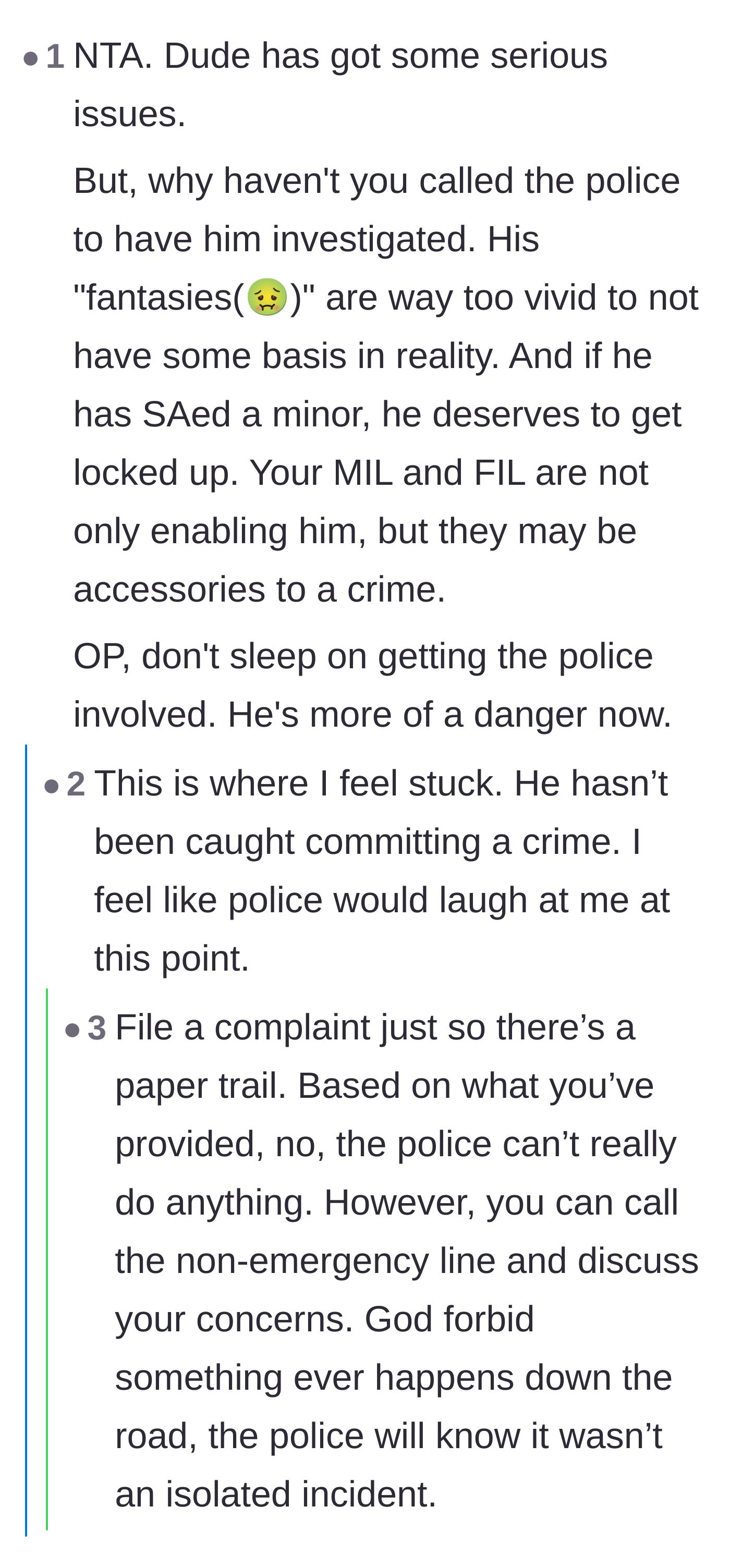 Comment thread 3 - Advice on why and how the mother should file a police report to create a formal paper trail.