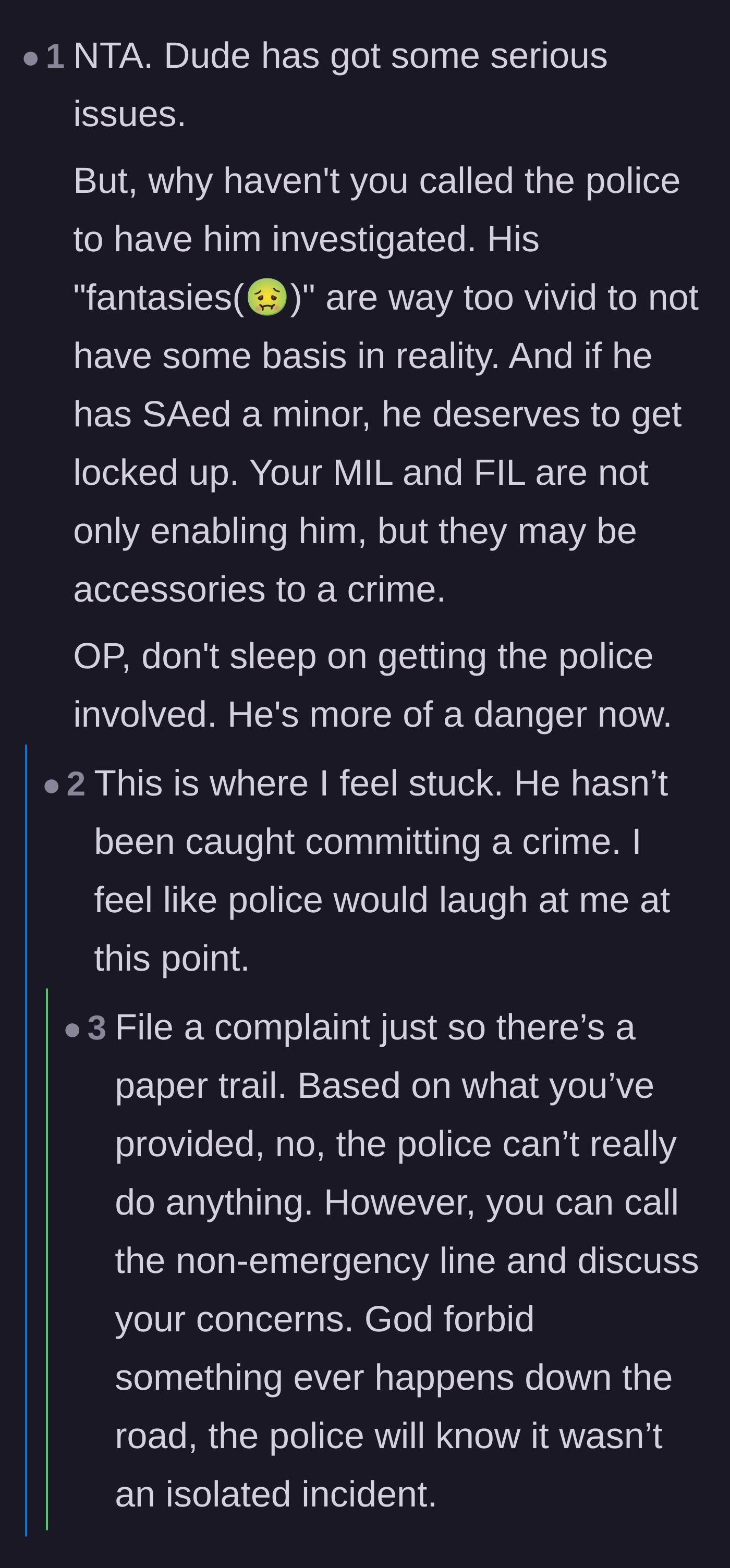 Comment thread 3 - Advice on why and how the mother should file a police report to create a formal paper trail.