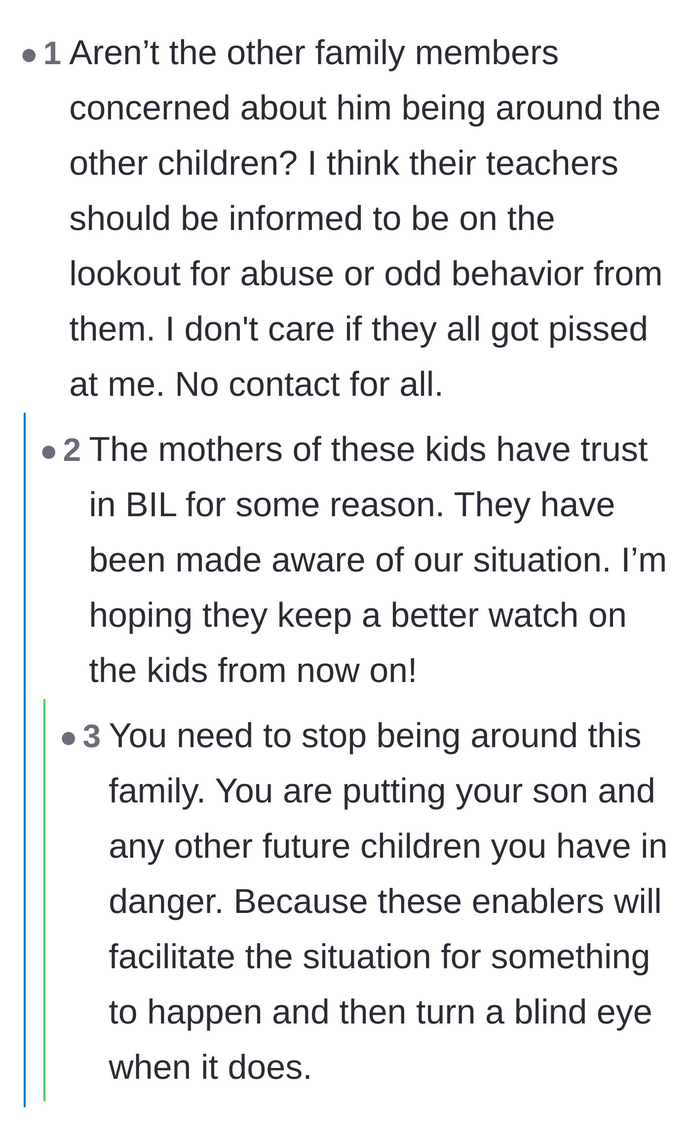 Comment thread 5 - Discussion about warning the other children's teachers and the danger of trusting the enabling family members.
