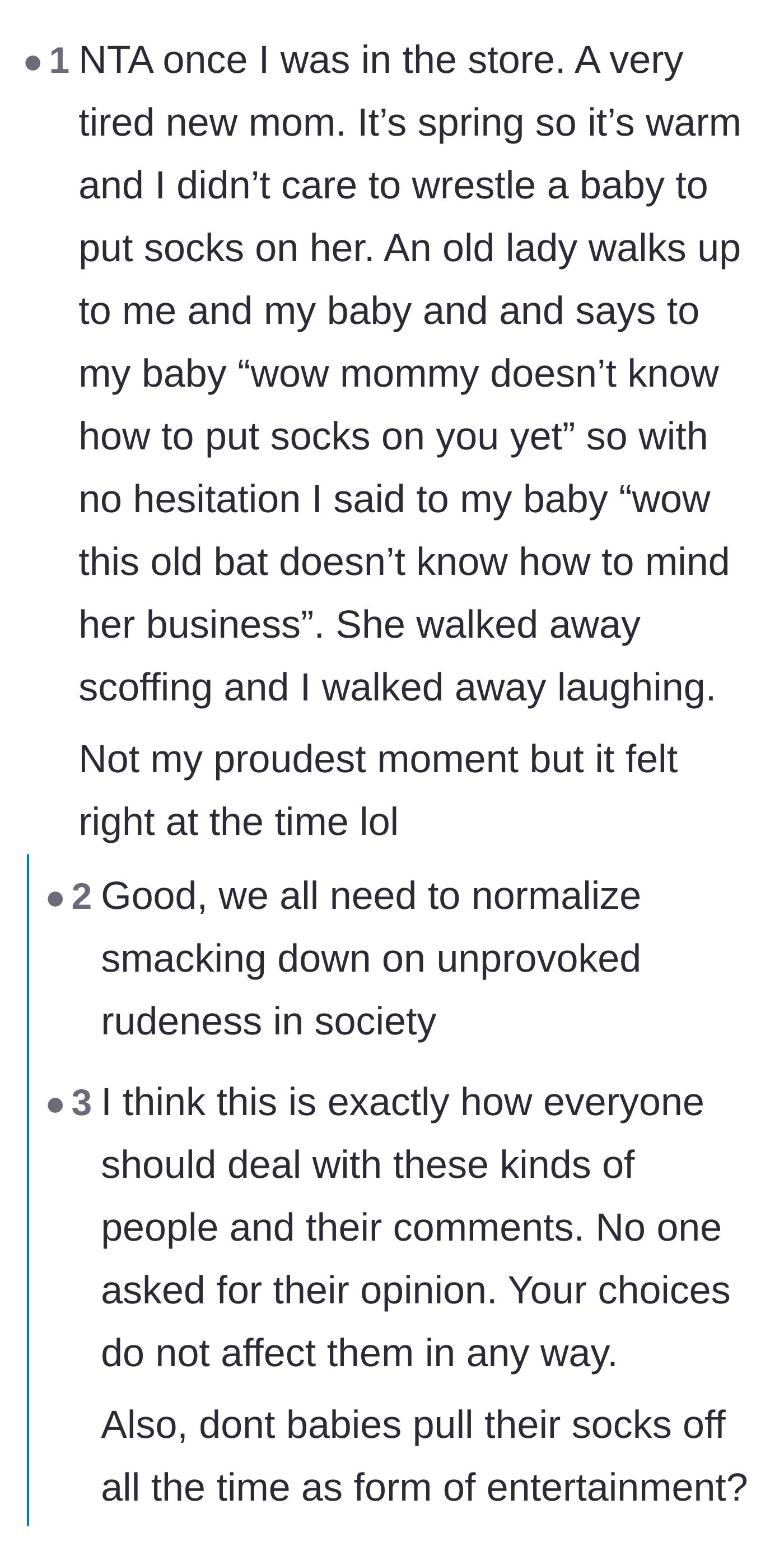 Comment thread 4 - Other mothers share their own aggressive and funny stories of snapping back at judgmental strangers over parenting choices.