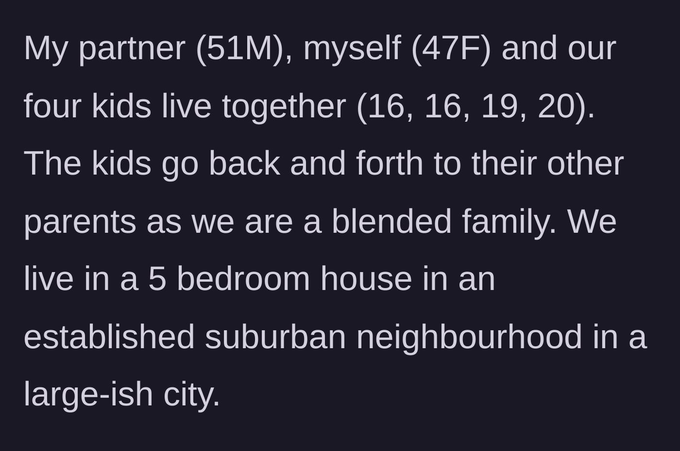 Story part 1 - A 47-year-old mom introduces her blended family of six living in a bustling five-bedroom suburban house.