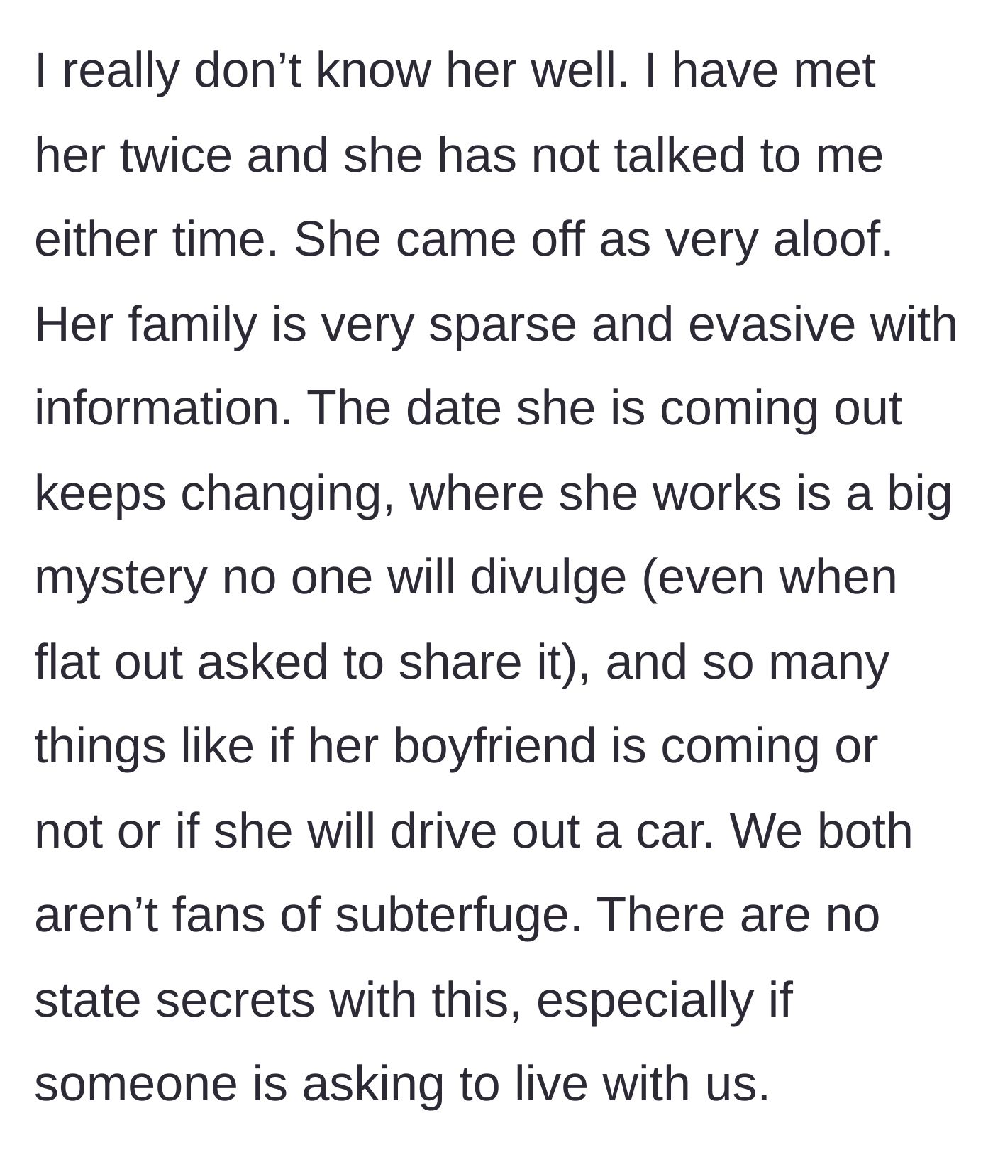 Story part 5 - The mom explains the niece is practically a stranger who refuses to share basic details like her start date, workplace, or if she's bringing a boyfriend.
