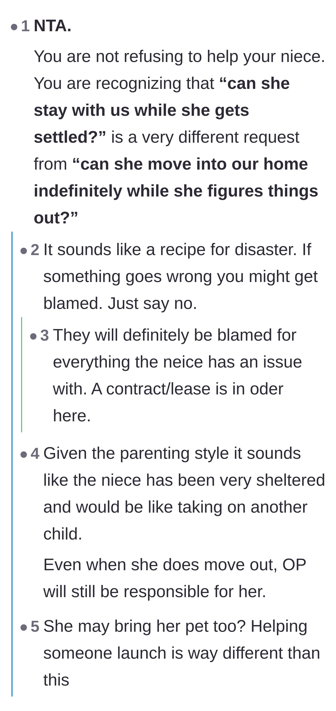 Comment thread 1 - Debating the difference between a short visit and a permanent move-in, focusing on the allergy dealbreakers.