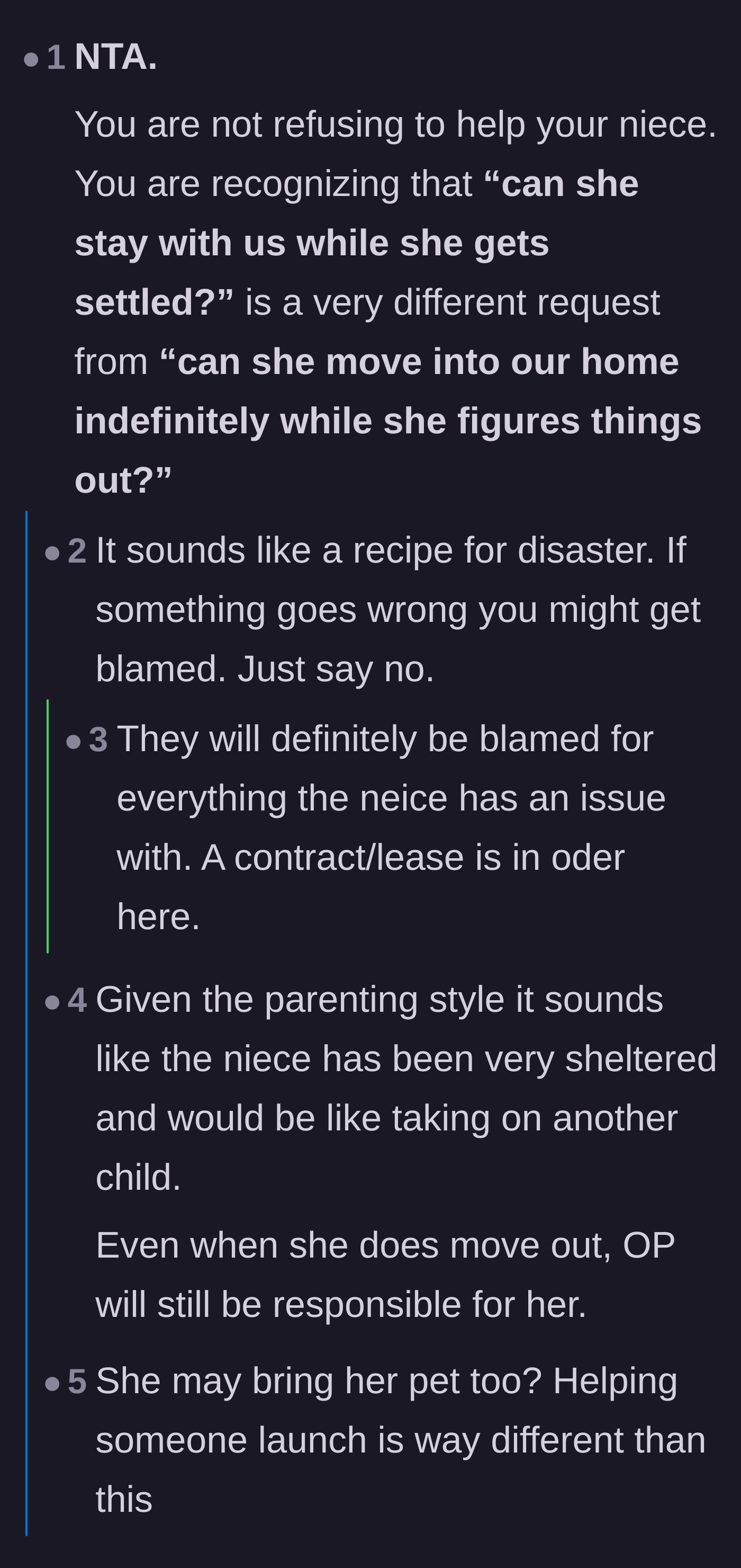 Comment thread 1 - Debating the difference between a short visit and a permanent move-in, focusing on the allergy dealbreakers.