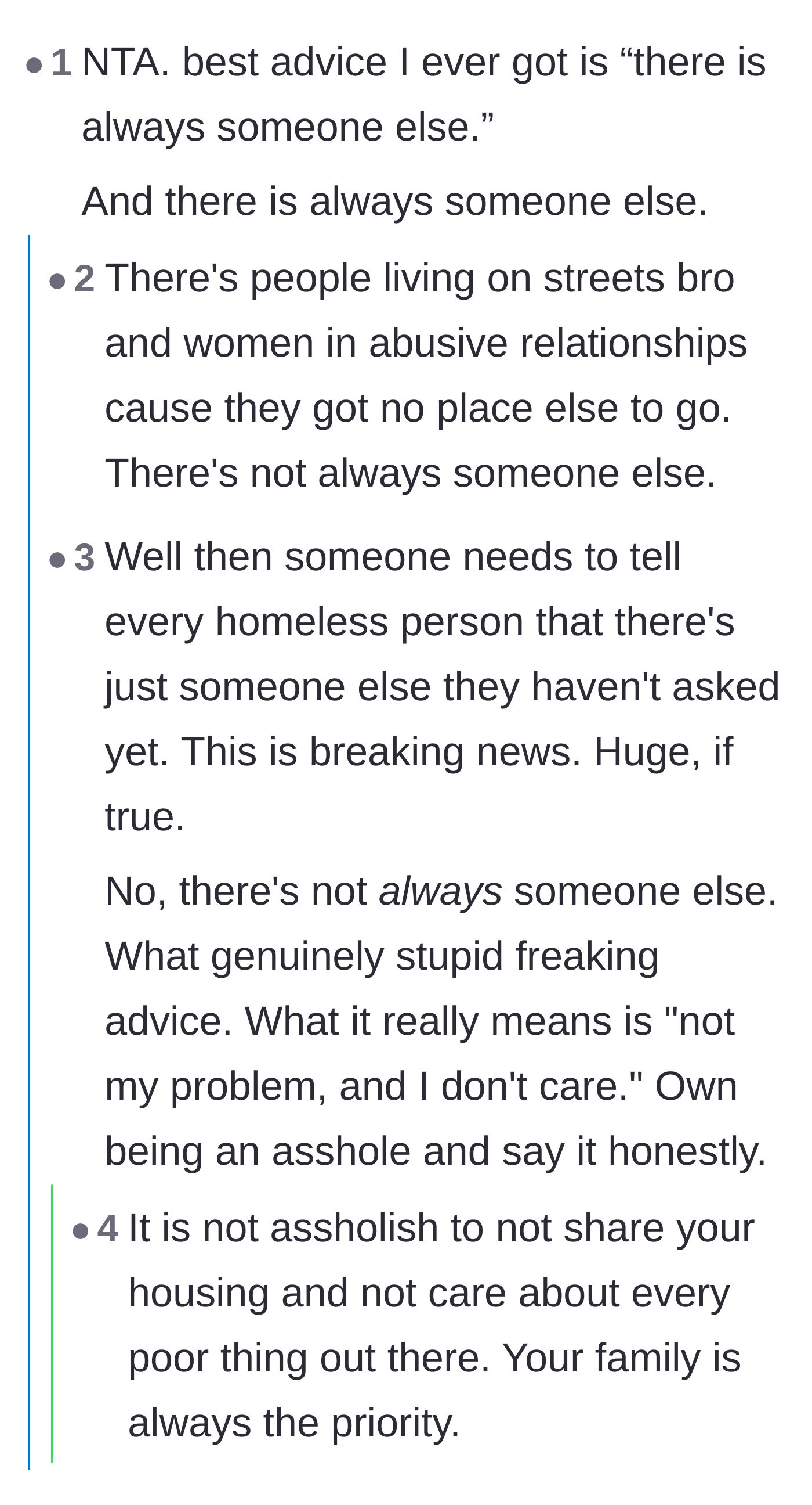 Comment thread 4 - A heated debate about whether there is 'always someone else' to help, versus protecting your own family first.