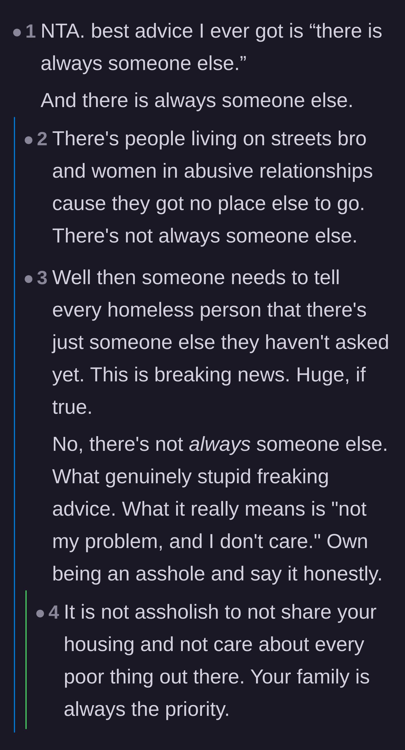 Comment thread 4 - A heated debate about whether there is 'always someone else' to help, versus protecting your own family first.