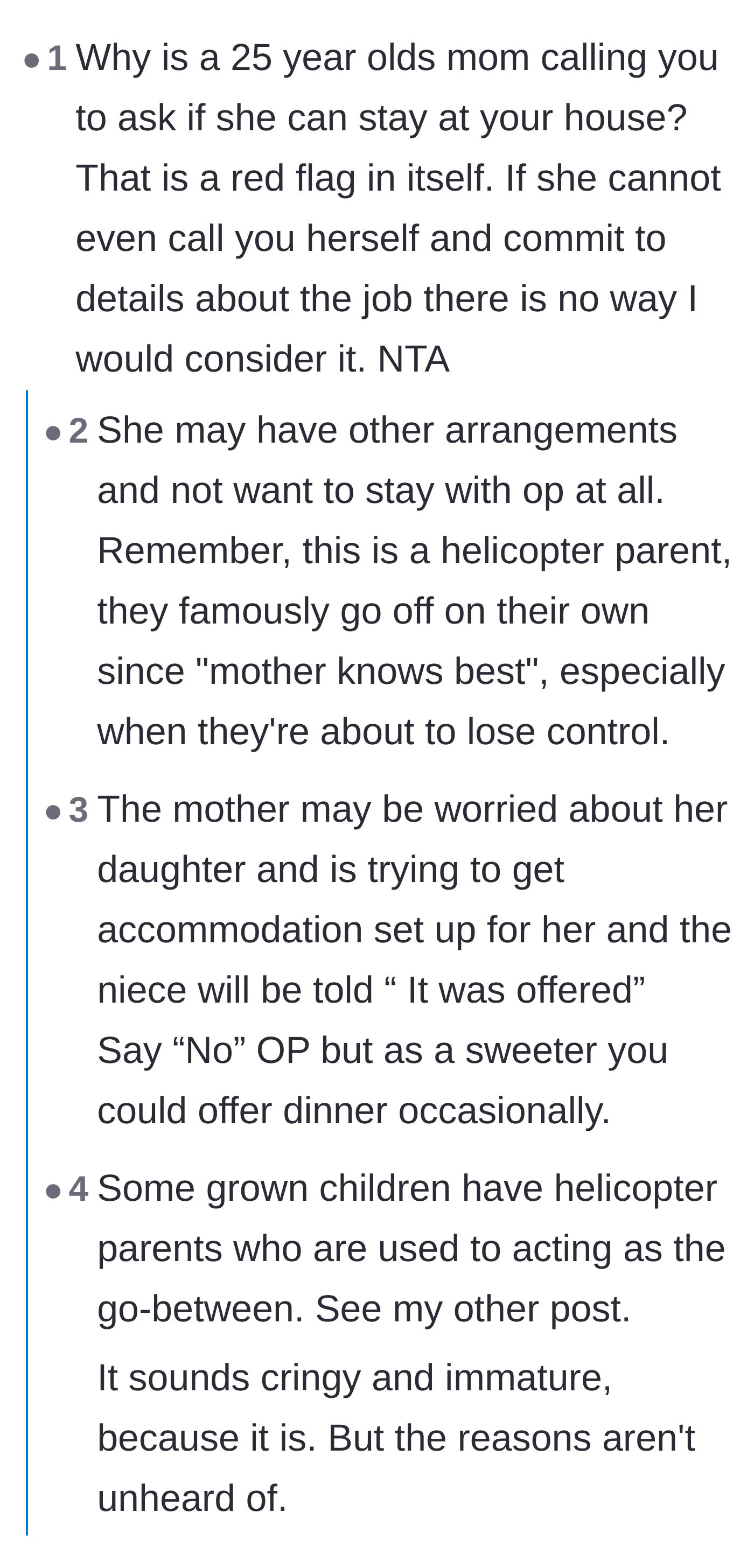 Comment thread 6 - Theories that the niece doesn't even want to move in, and the mother is orchestrating it to keep control.