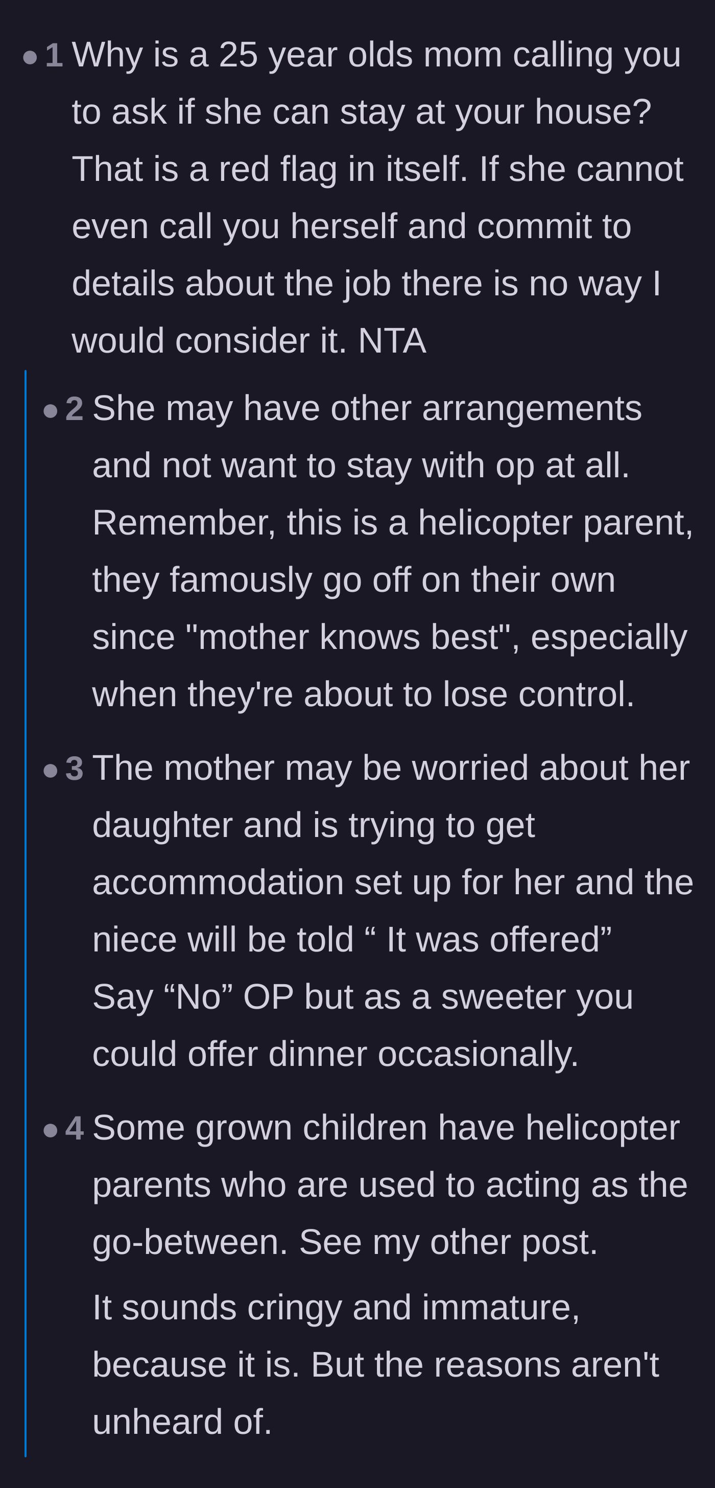 Comment thread 6 - Theories that the niece doesn't even want to move in, and the mother is orchestrating it to keep control.