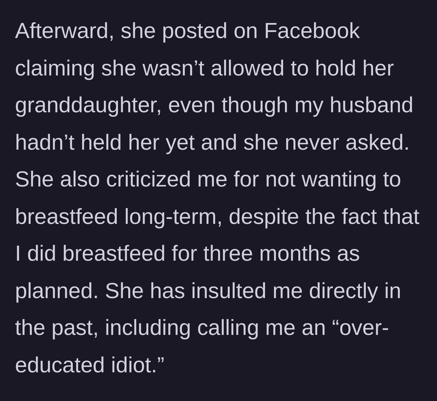 Story part 4 - Facebook drama ensues as the mother-in-law lies about being kept from the baby and hurls insults.