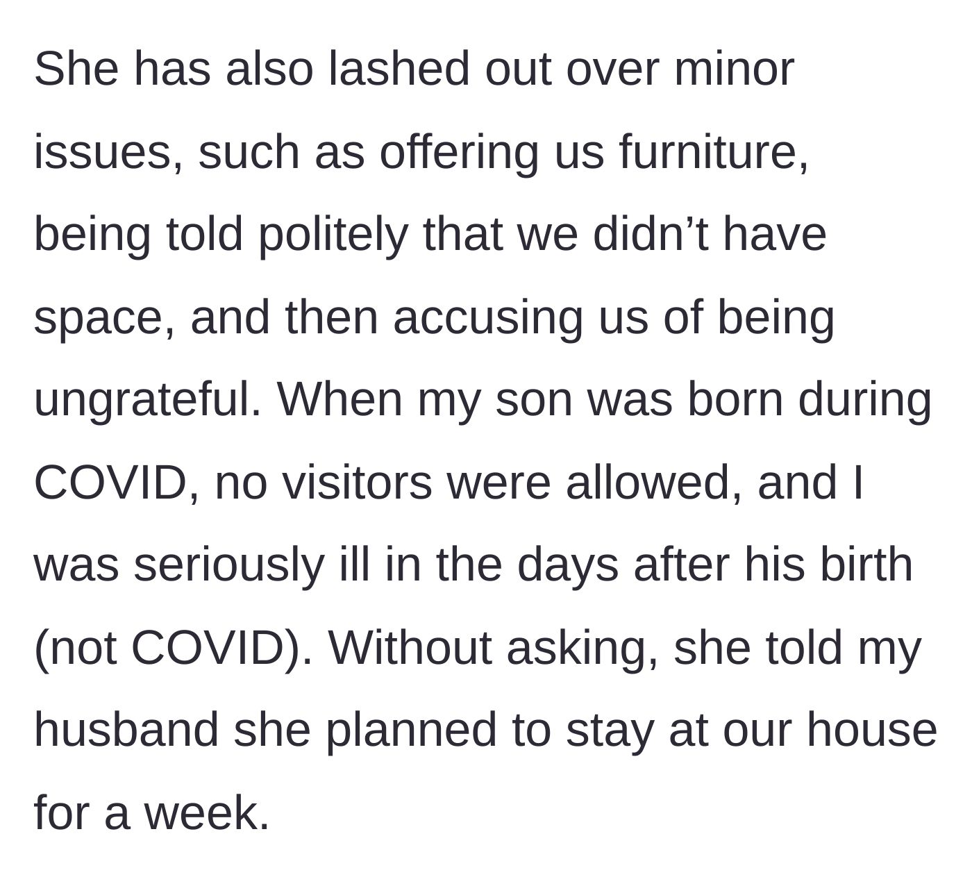 Story part 5 - The mother-in-law throws a tantrum over rejected furniture and tries to move in uninvited after the second baby.