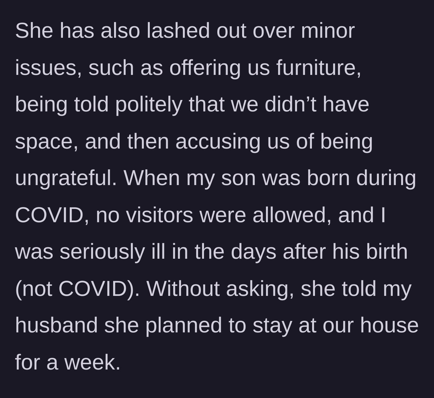 Story part 5 - The mother-in-law throws a tantrum over rejected furniture and tries to move in uninvited after the second baby.