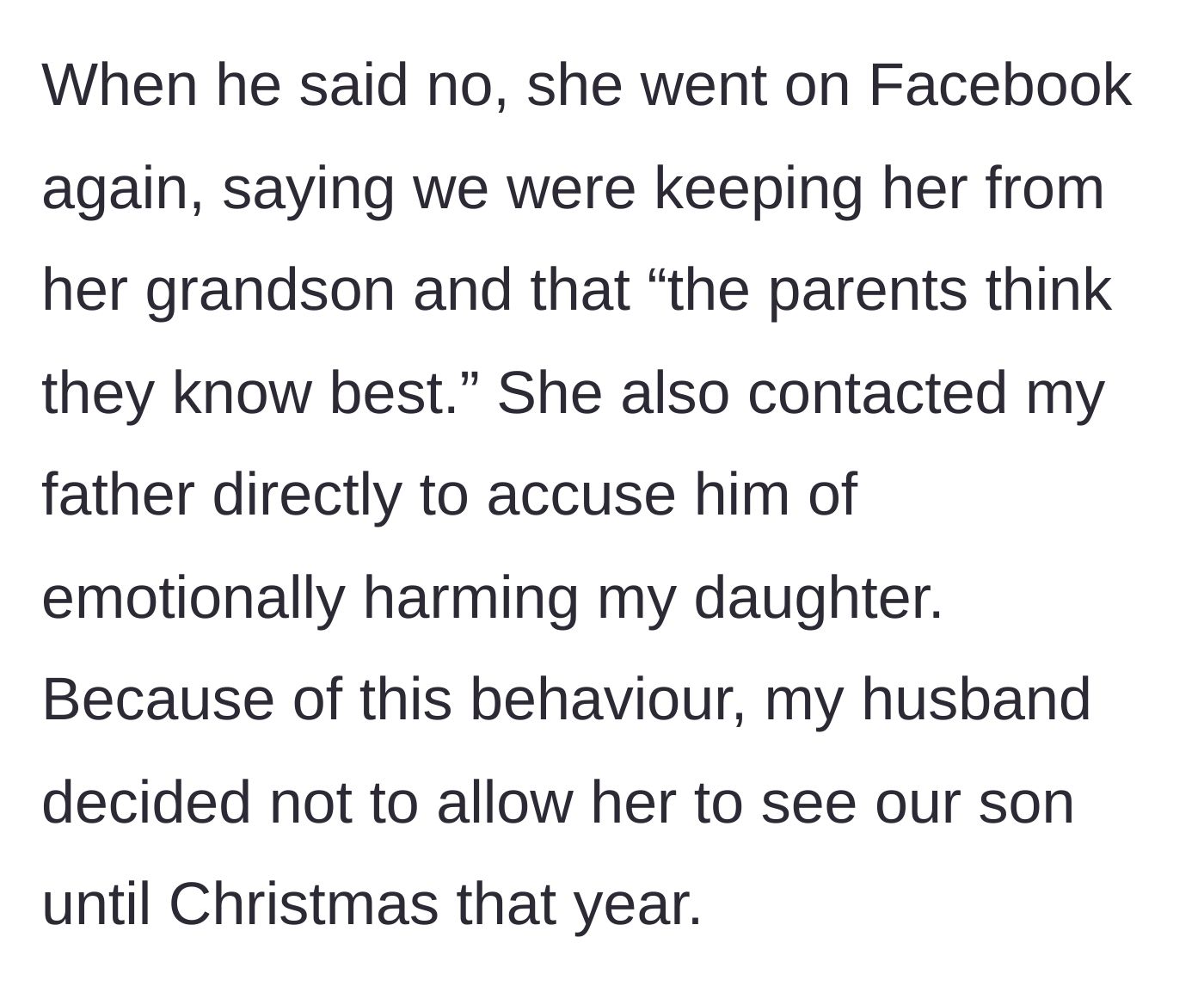 Story part 6 - The mother-in-law escalates to Facebook again and attacks the wife's father, earning a ban from seeing her grandson.