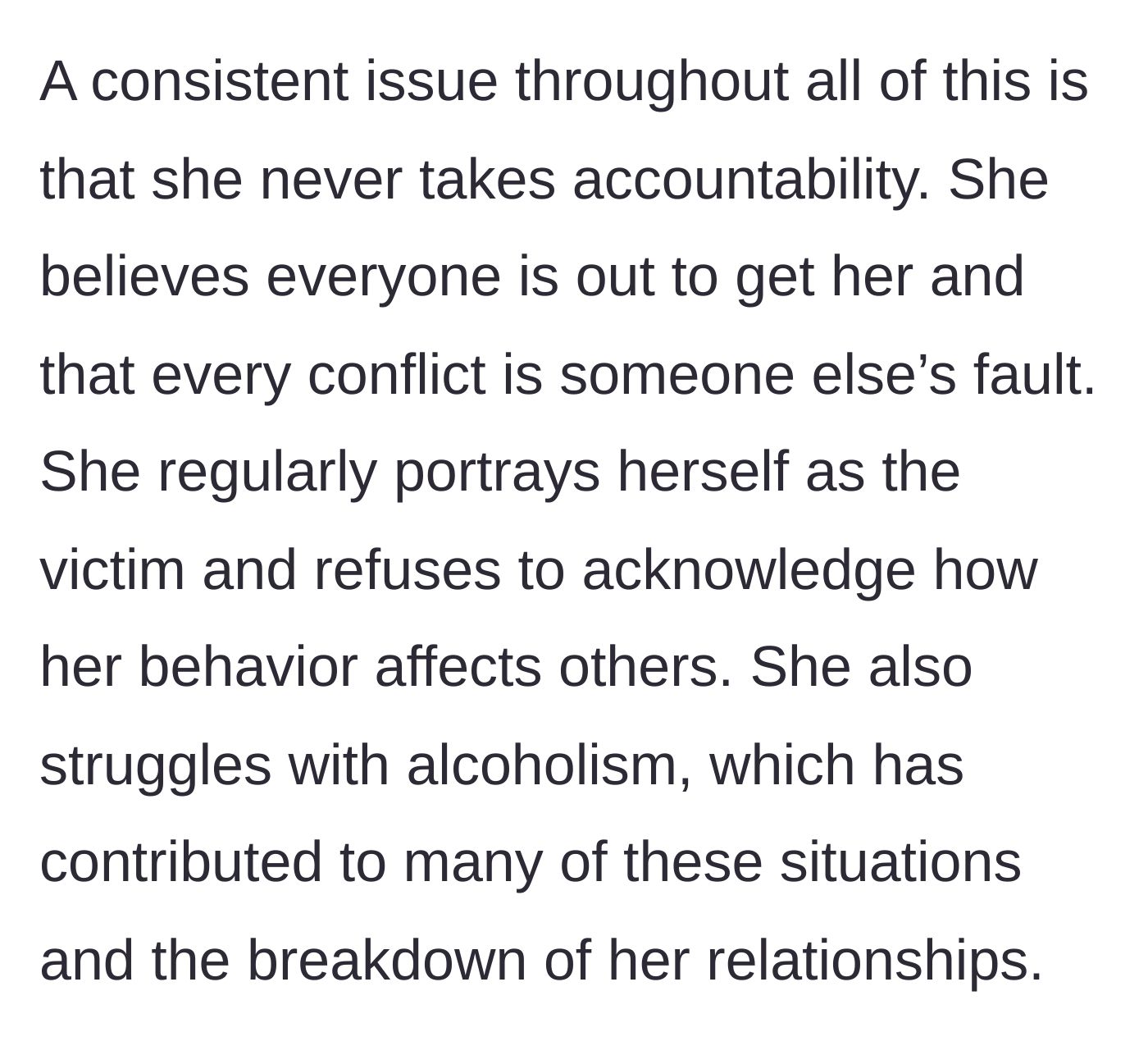 Story part 7 - The author explains the mother-in-law's complete lack of accountability and struggle with drinking.