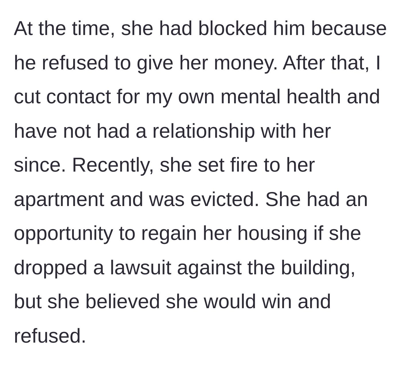 Story part 9 - The mother-in-law gets evicted after starting an apartment fire and sabotages her only chance to get housing back.