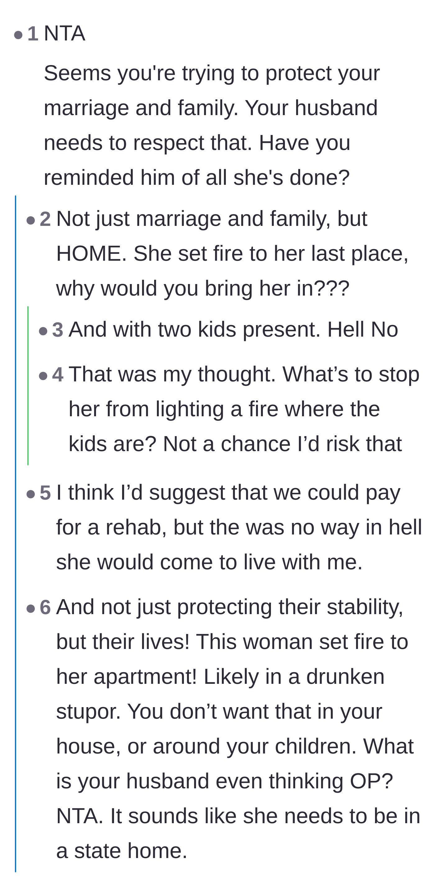 Comment thread 1 - Readers debating the severe safety risks of letting a known alcoholic who started an apartment fire live with young children.