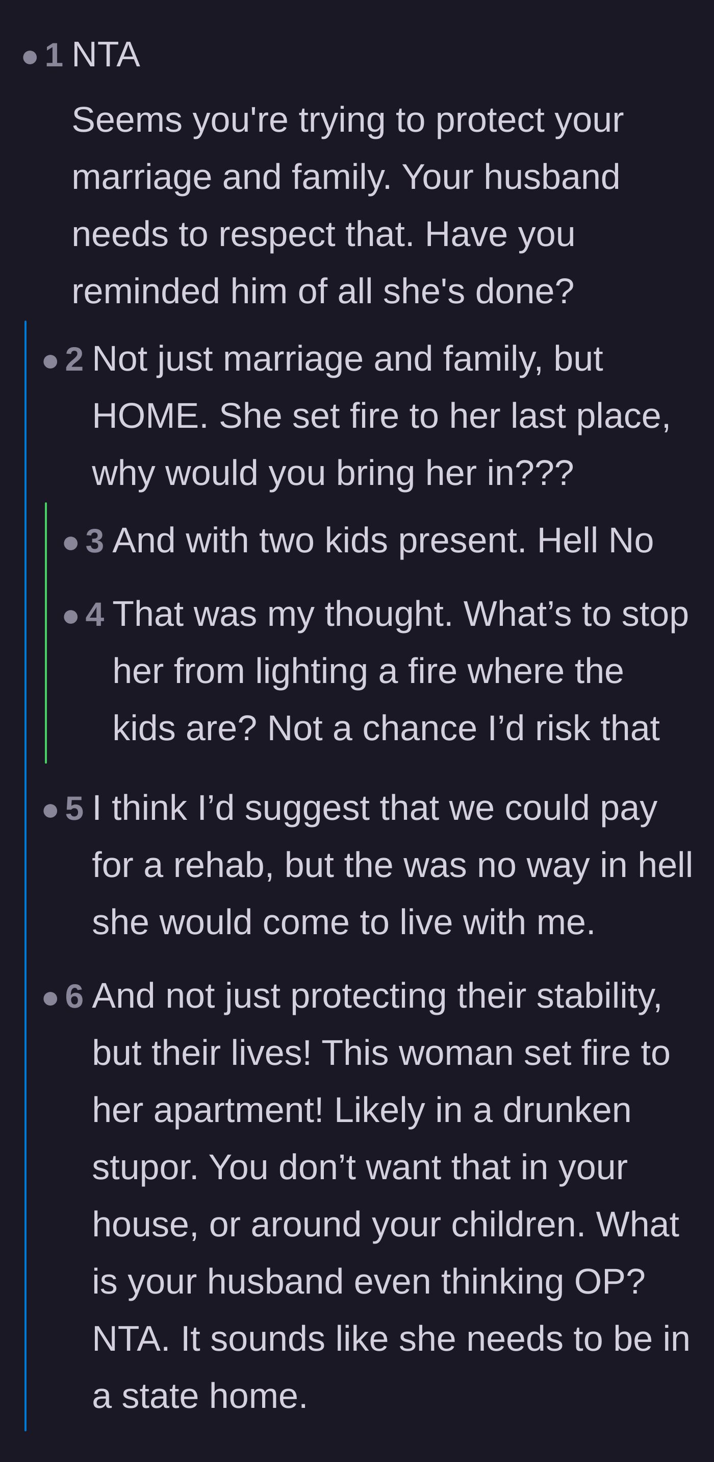 Comment thread 1 - Readers debating the severe safety risks of letting a known alcoholic who started an apartment fire live with young children.