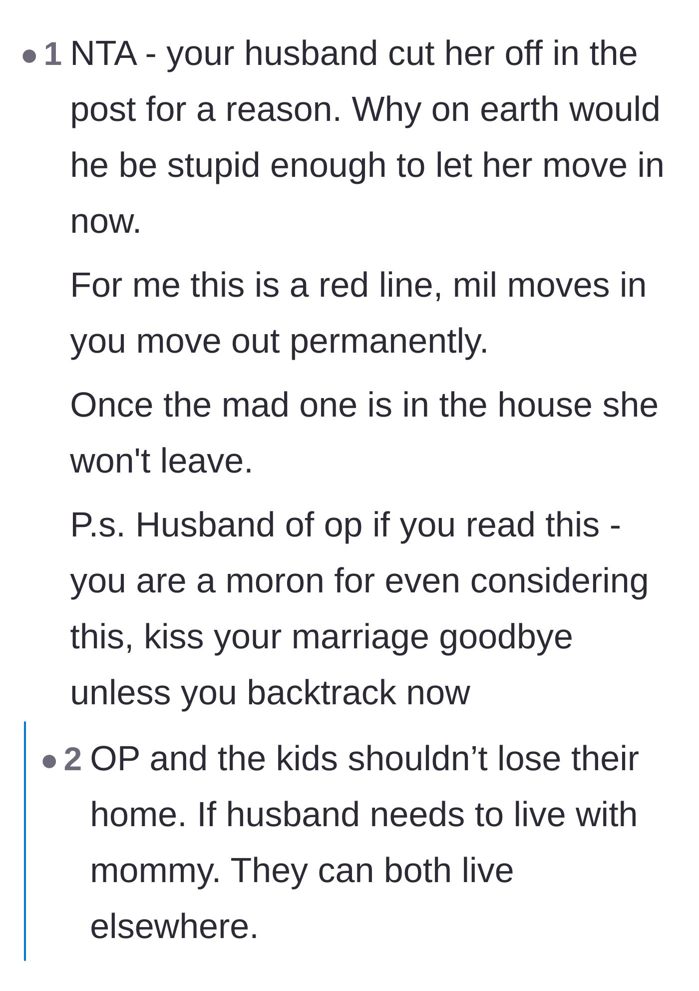 Comment thread 5 - A blunt warning directed at the husband, telling him he will lose his marriage if he lets his mother move in.