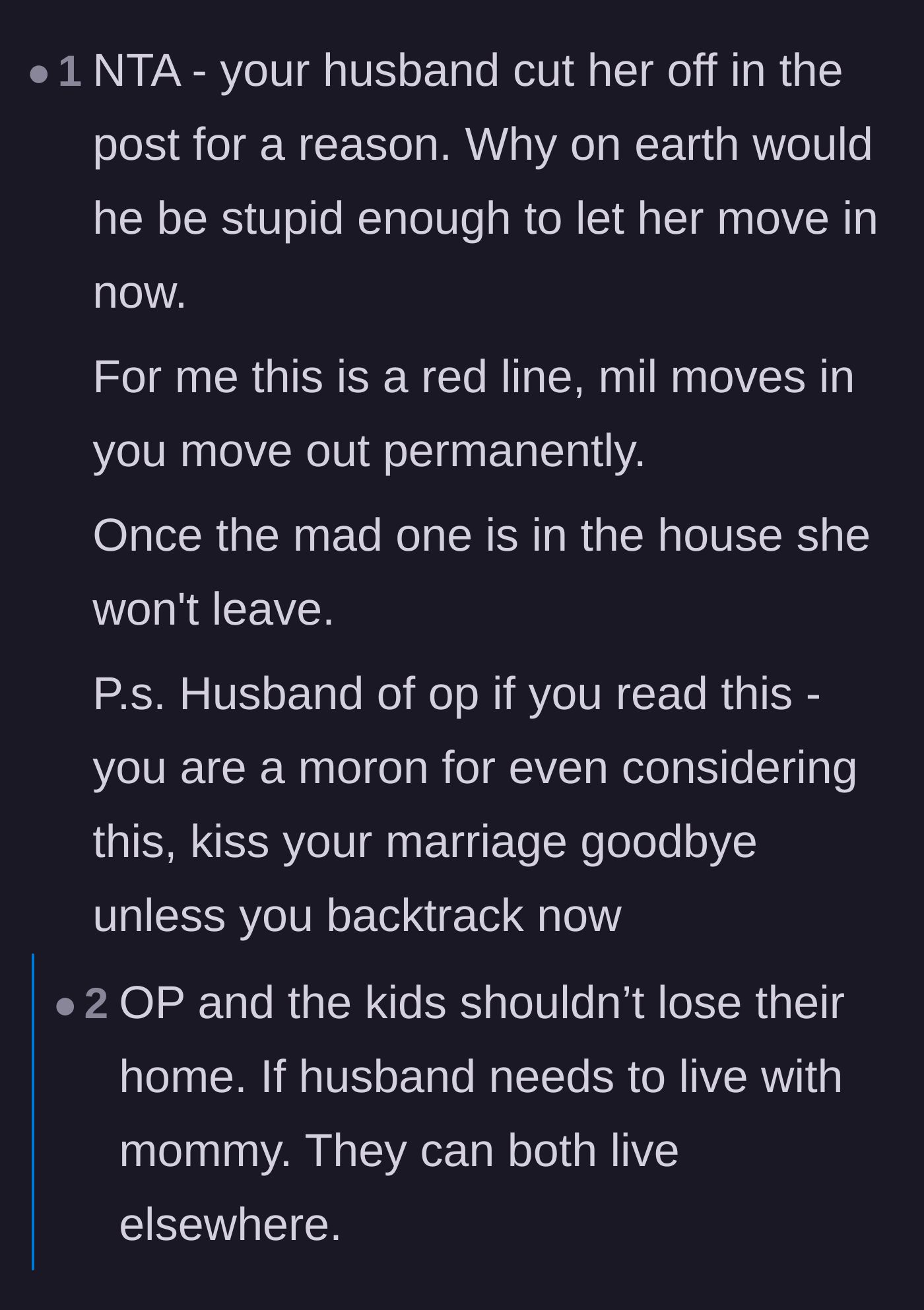 Comment thread 5 - A blunt warning directed at the husband, telling him he will lose his marriage if he lets his mother move in.