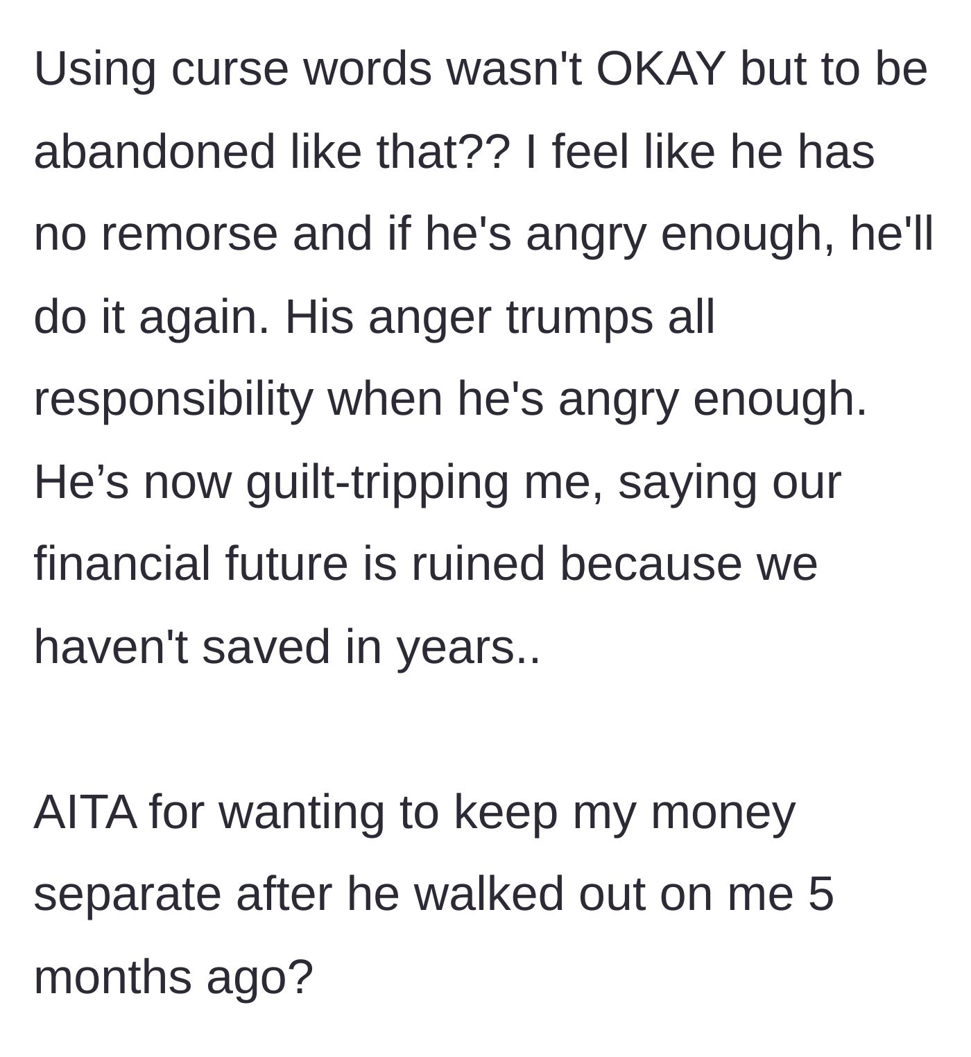 Story part 5 - Distressed wife questioning if she should keep her finances separate after being guilt-tripped.