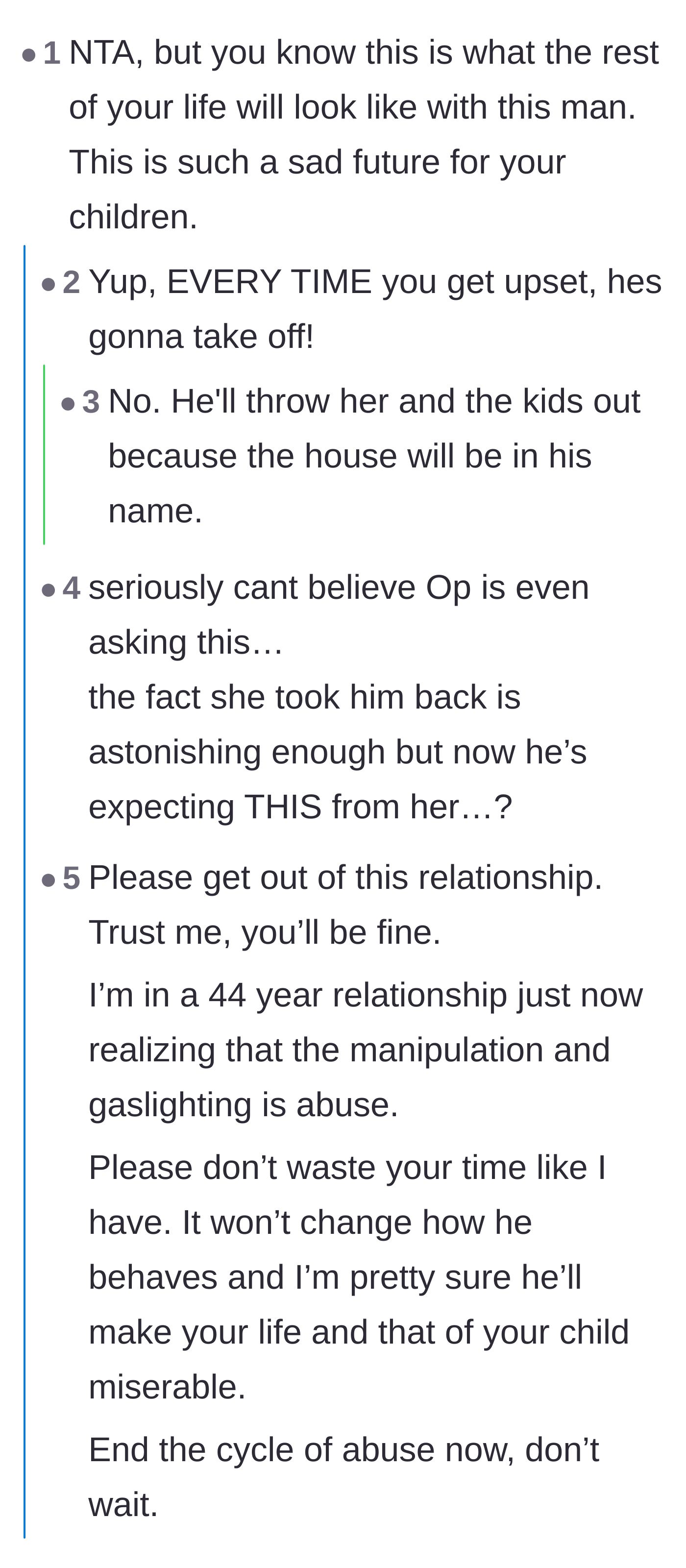 Comment thread 1 - Readers warning the wife that if the house is in his name, he will eventually kick her and the kids out.