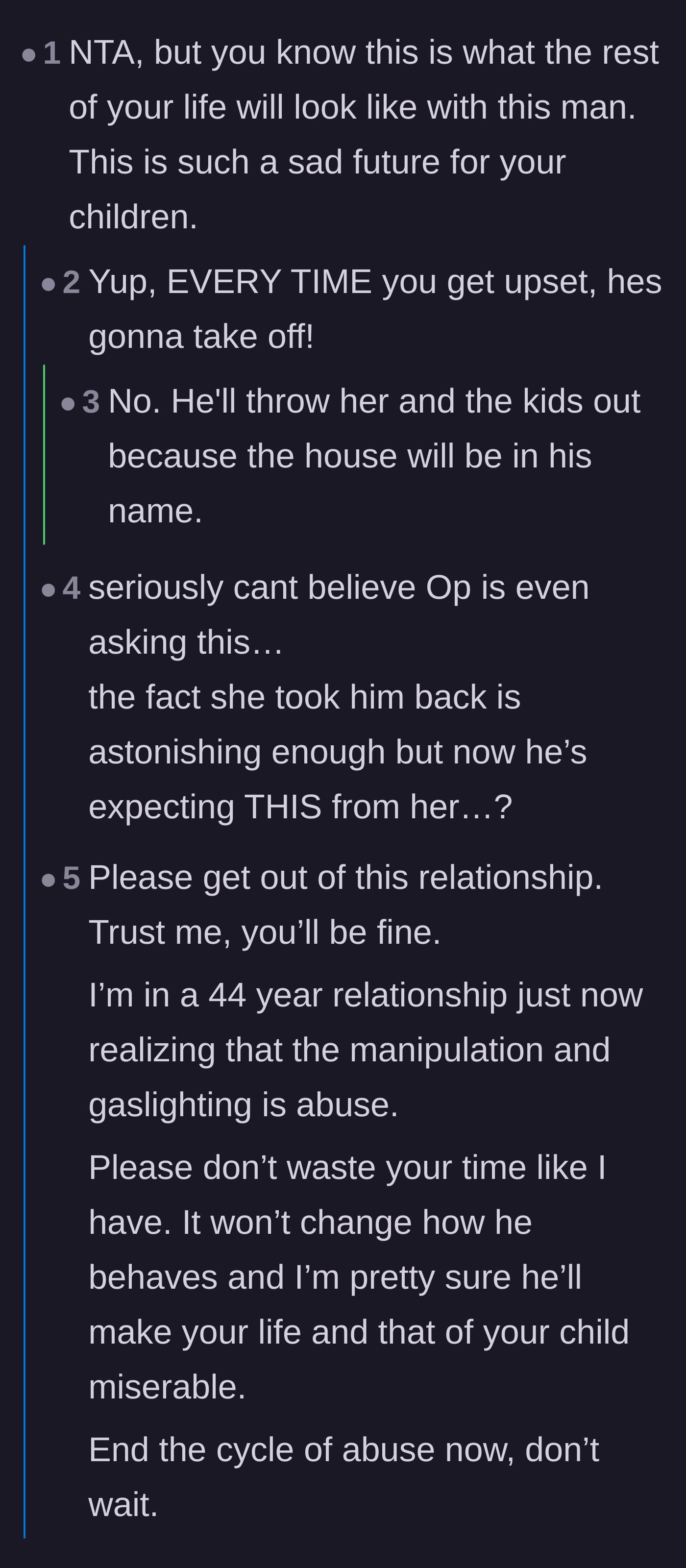 Comment thread 1 - Readers warning the wife that if the house is in his name, he will eventually kick her and the kids out.