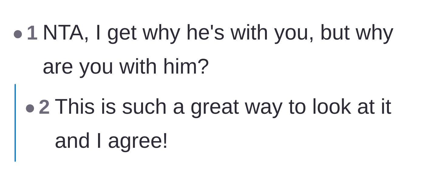 Comment thread 2 - A commenter bluntly questioning what value the husband actually brings to the wife's life.