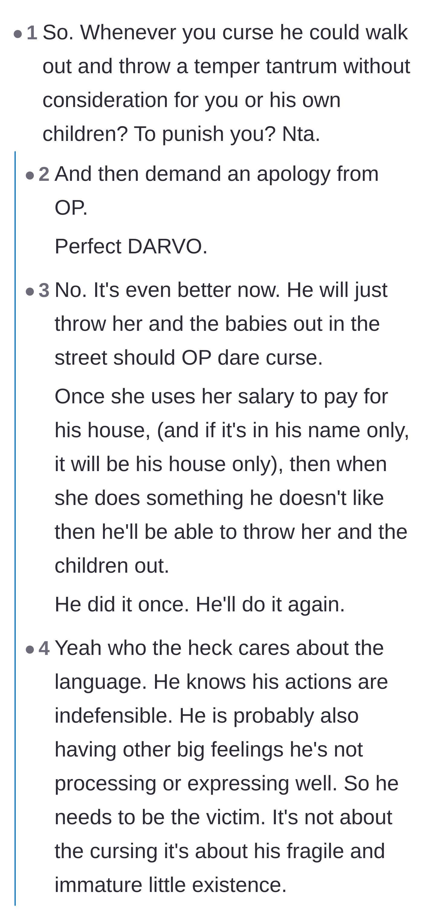 Comment thread 3 - Discussion breaking down the husband's manipulative tactics and fragile ego after being cursed at.