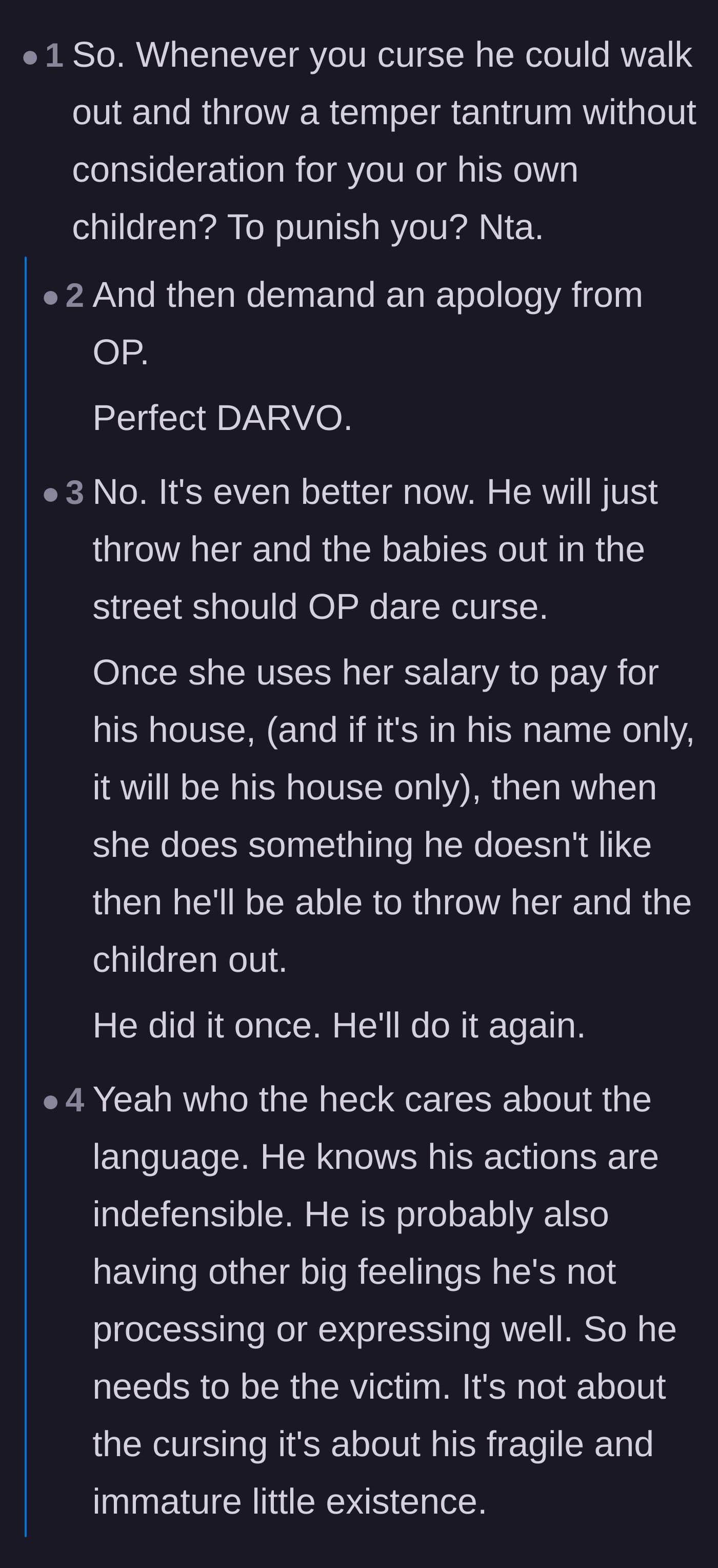 Comment thread 3 - Discussion breaking down the husband's manipulative tactics and fragile ego after being cursed at.