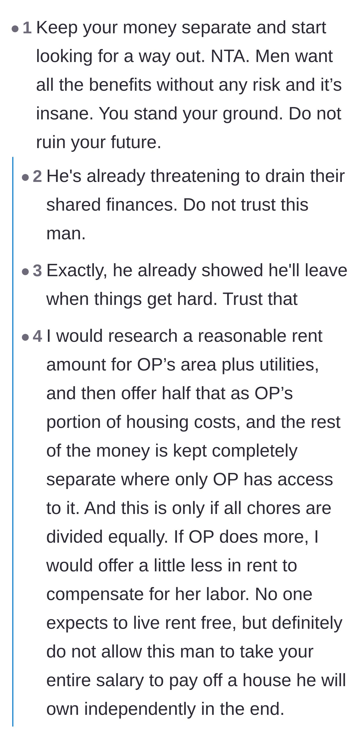 Comment thread 4 - Practical financial advice suggesting the wife pay only market-rate rent instead of surrendering her salary.
