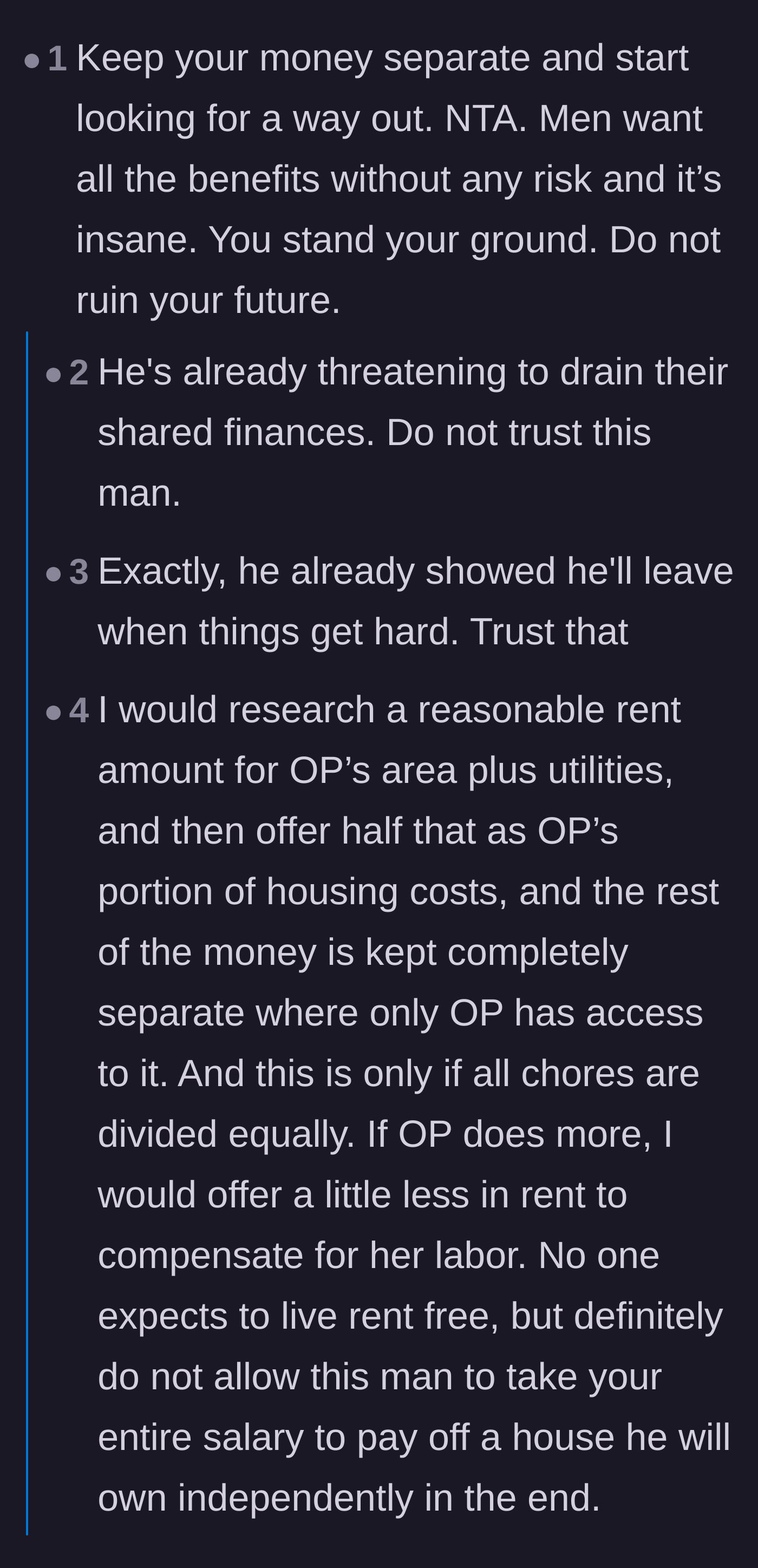 Comment thread 4 - Practical financial advice suggesting the wife pay only market-rate rent instead of surrendering her salary.