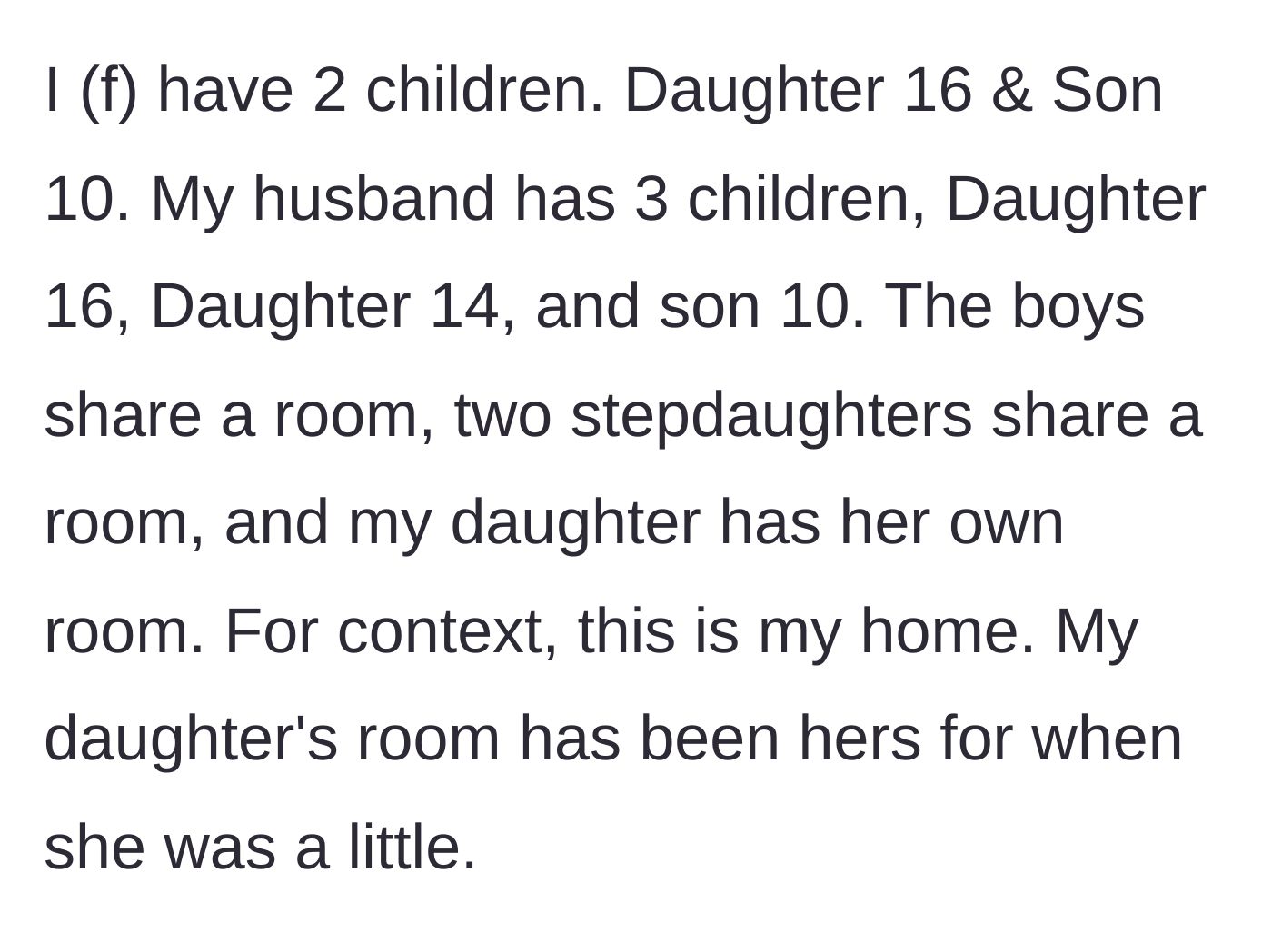Story part 1 - A breakdown of the blended family's five children and their current bedroom arrangements in the mother's house.