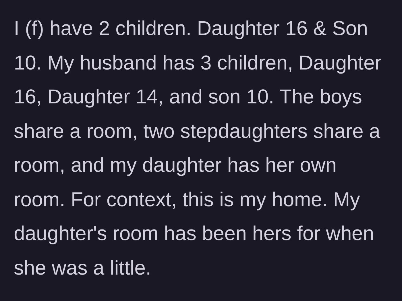 Story part 1 - A breakdown of the blended family's five children and their current bedroom arrangements in the mother's house.