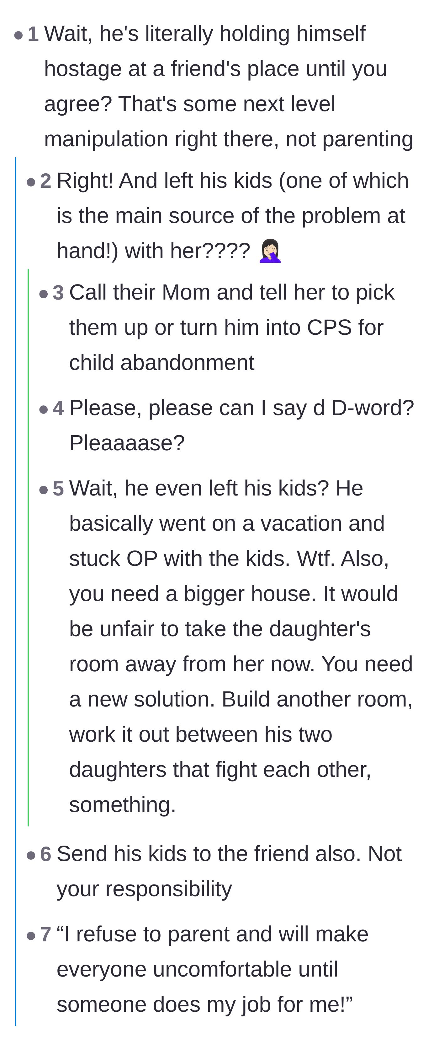 Comment thread 2 - Outrage over the husband abandoning his children to emotionally blackmail his wife.