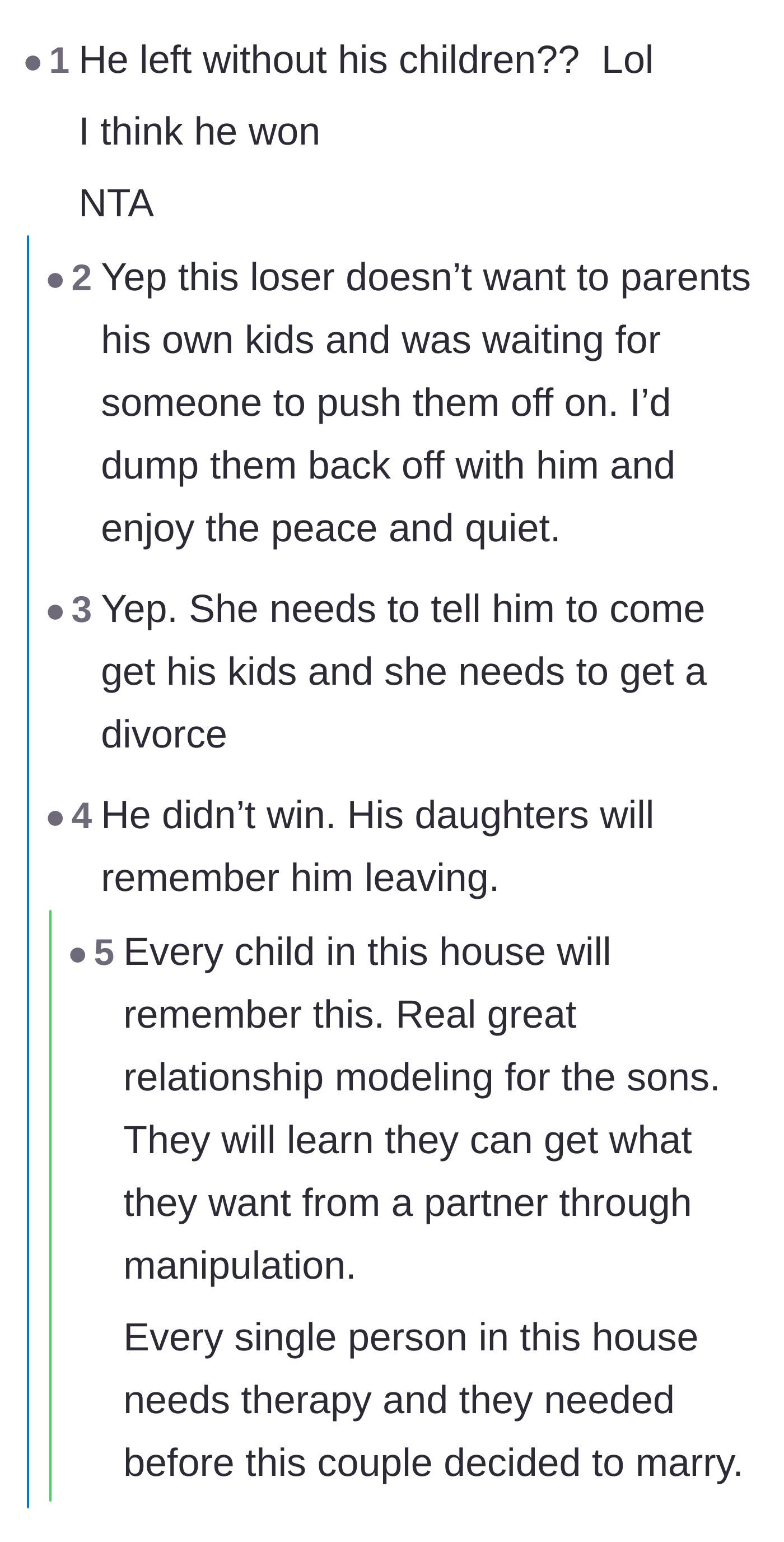 Comment thread 4 - Discussion on how the husband's temporary escape caused permanent psychological damage and poor modeling for his children.