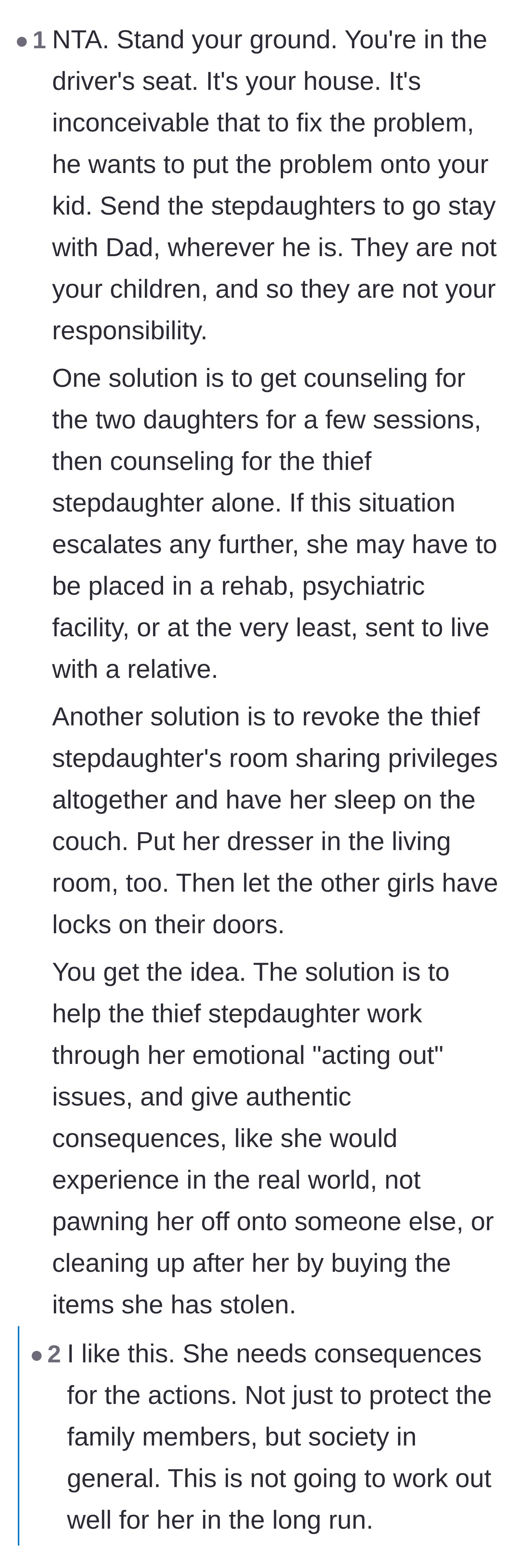 Comment thread 5 - Practical solutions suggesting the thieving stepdaughter sleep on the couch and work to earn back her privileges.